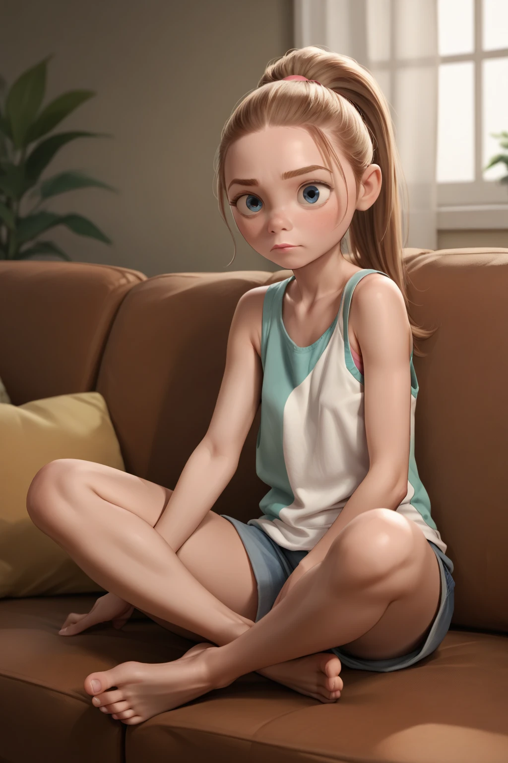 1girl, glowing eyes, foot focus, feet pose, disgusted expression, 3D Disney style