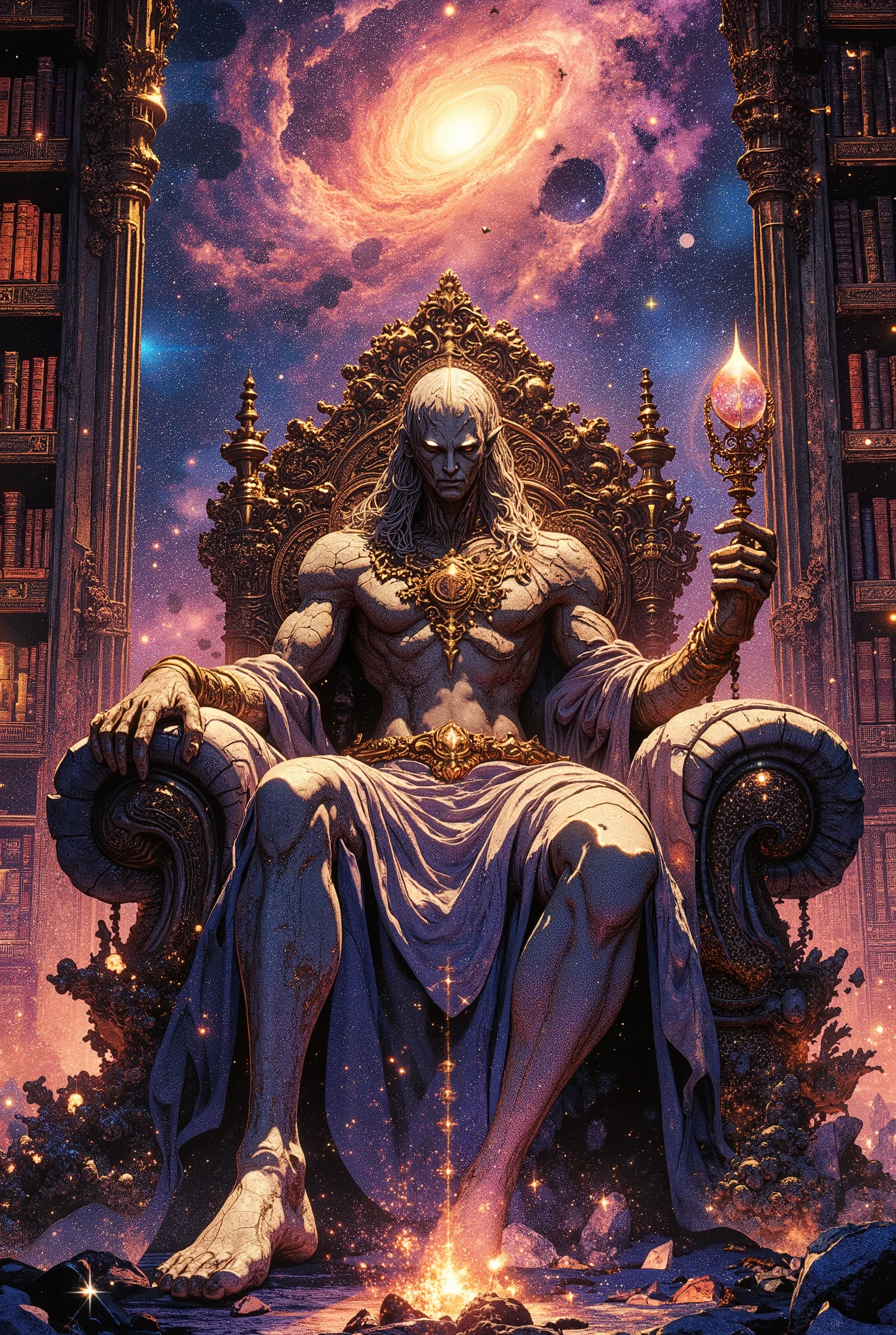 concept art in the style of epic fantasy depicting the "Supreme Elder", the primordial cosmic entity sitting on a throne woven from galactic filaments and dark matter, cradling stars and nebulae. The Elder has an androgynous figure with cracked earth-colored skin and lava veins, a nebula instead of hair, and obsidian eyes that reflect world history. With one hand, he holds petrified roots merging with the throne, and with the other, a rotating miniature galaxy. They are located in a huge cosmic library with crystal shelves containing books about galaxies and bioluminescent mycelial networks. A supernova is visible in the colossal window. Works by Greg Rutkowski and Andreas Rocha. Over-detailed, photorealistic, sublime cosmic horror, divine elegance, volumetric lighting, unearthly glow, 8k, cinematic, dramatic low-angle shot.