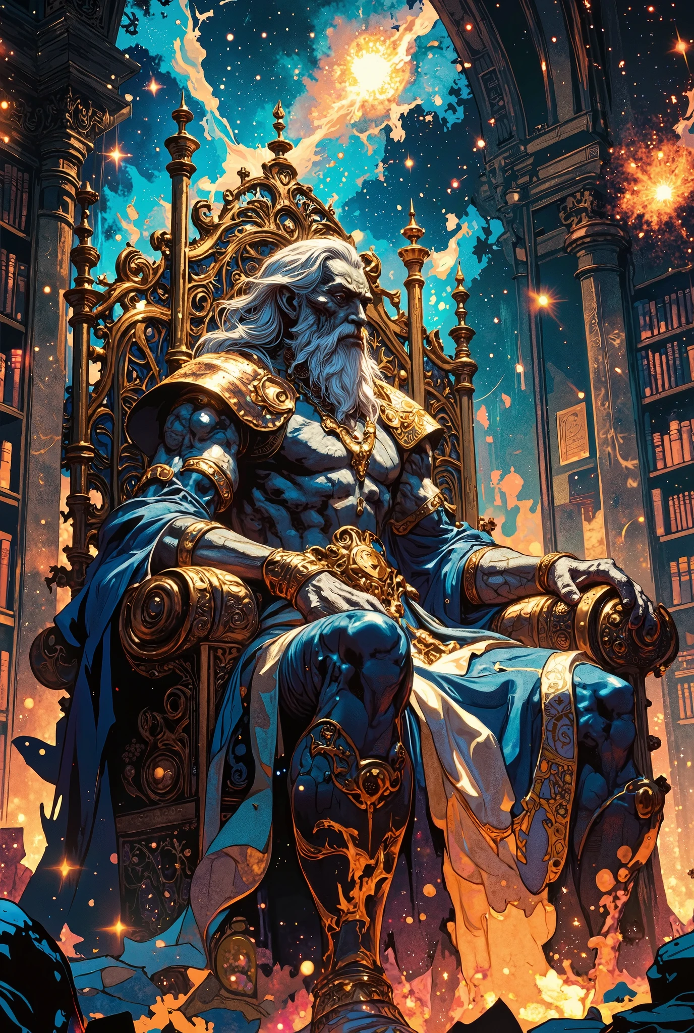 concept art in the style of epic fantasy depicting the "Supreme Elder", the primordial cosmic entity sitting on a throne woven from galactic filaments and dark matter, cradling stars and nebulae. The Elder has an androgynous figure with cracked earth-colored skin and lava veins, a nebula instead of hair, and obsidian eyes that reflect world history. With one hand, he holds petrified roots merging with the throne, and with the other, a rotating miniature galaxy. They are located in a huge cosmic library with crystal shelves containing books about galaxies and bioluminescent mycelial networks. A supernova is visible in the colossal window. Works by Greg Rutkowski and Andreas Rocha. Over-detailed, photorealistic, sublime cosmic horror, divine elegance, volumetric lighting, unearthly glow, 8k, cinematic, dramatic low-angle shot.