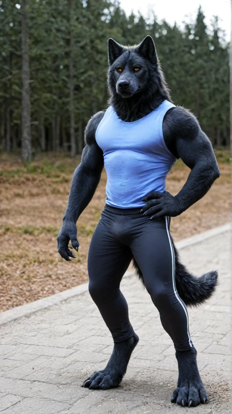 furry, Alone, Close-up, male black wolf, Muscular, amber eyes, clawed hands, clawed feet , pastel pink sleeveless tight shirt, blue lycra pants, relaxed, street, forest, houses, front pose, wolf tail, piernas separadas, right hand on the waist, quality 4k, without humans, Chunky body, sexy, bodybuilder pose