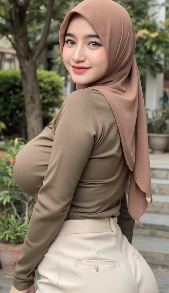 masterpiece, best quality, ultra-detailed, soft lighting, hijab indonesian, 1 women, big breast forward chest, looking at viewer, best quality, (closed mouth, sad smile), beautiful detailed glow , (formal office outfit:1.3),(bad room), full body view, randome pose
