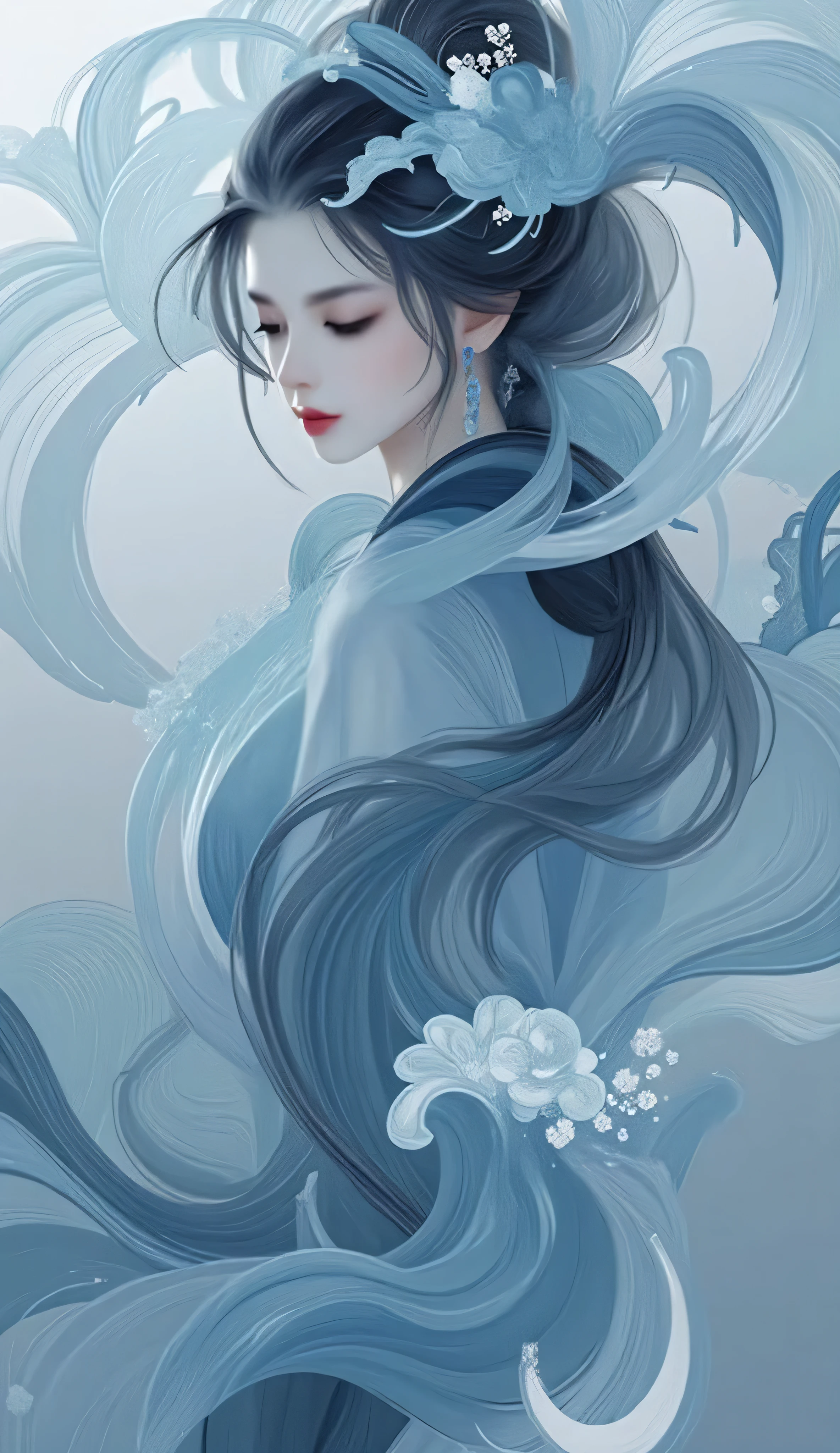  dis211.a painting or illustration that combines elements of both photography and painting. It features a stylized depiction of an asian woman with flowing hair, set against a backdrop of swirling water splash and waves. The gotteslike woman's serene expression and elegant attire suggest a sense of tranquility and beauty. The artwork uses a monochromatic color palette dominated by shades of blue, creating a calm and ethereal atmosphere. The intricate details of the waves and clouds, along with the subtle use of light and shadow, enhance the overall depth and texture of the piece. The composition is balanced, with the woman positioned centrally, drawing the viewer's eye to her peaceful expression. The artistic elements, such as the fluid lines and organic shapes, contribute to the dreamy and surreal quality of the artwork.