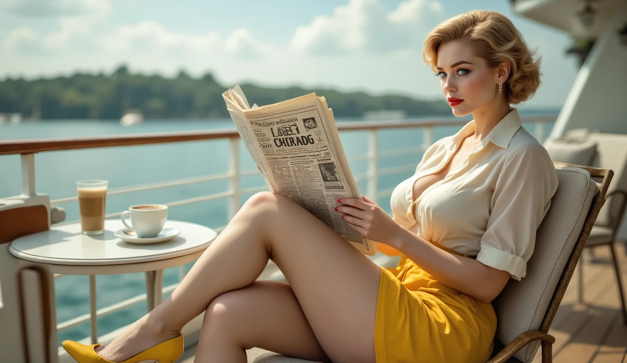 (((corpo inteiro, de frente))) yellow high heels A beautiful full-bodied young woman, usando (((salto alto amarelo))), cabelo loiro claro, red lipstick and light blue eyes, covered by a delicate blouse, meias 3/4" com cinta-liga, thick thighs and thin waist. A unified look for everyone: retro pin-up illustration from the 1950s, soft shading with airbrush, contornos ousados, dramatic studio lighting, smooth grain; realistic proportions; shallow depth of field. A vintage scene in the 1950s style, a young woman with a classic retro style... A photo of a beautiful girl wearing a glamorous 50s outfit amarelo sitting reading a newspaper on the deck of a ship in the 1950s, a hot cup of coffee on a round table.