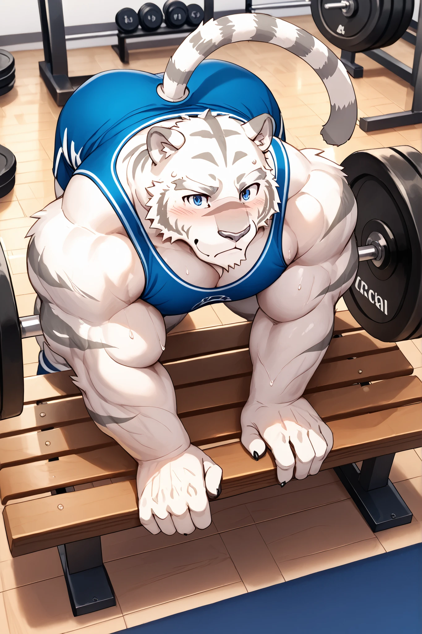 Mercenary Zero,Mercenary of Evil, mammal, white tiger, Fur, Grey Nose, Big Shot, sports gym, weightlifting, Bench press, Bench pressに横たわる, sportswear, Sweat, 滴るSweat, heavy breathing, sigh, Pursed lips, Erotic pose , check out here , older, estrus, from above, Tail, blurry motion, High Quality DVD, Awards, high resolution, high resolution, 16K,alone, ストライプのFur, striped Tail,