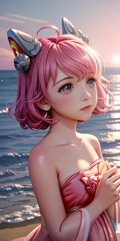 (Masterpiece, BestQuality:1.3), (ultra detailed:1.2), (hyperrealistic:1.3), (RAW photo:1.2), High detail RAW color photo, professional photograph, (Photorealistic:1.4), (realistic:1.4), (Pink Hair:1.5), professional lighting, perfect anatomy, (Big Breasts:1.2), (blush, detailed face), (cheerful Smile:1.5), Trending Hair&Trending Hairカラーをランダムに, earrings, necklace, bracelet, sexly, erotic sexly, Random sexy gravure poses, (Beautiful woman in salmon pink bikini、Enjoying a tan on the beach、Silver Anklet、Lying on the sand。:1.3)