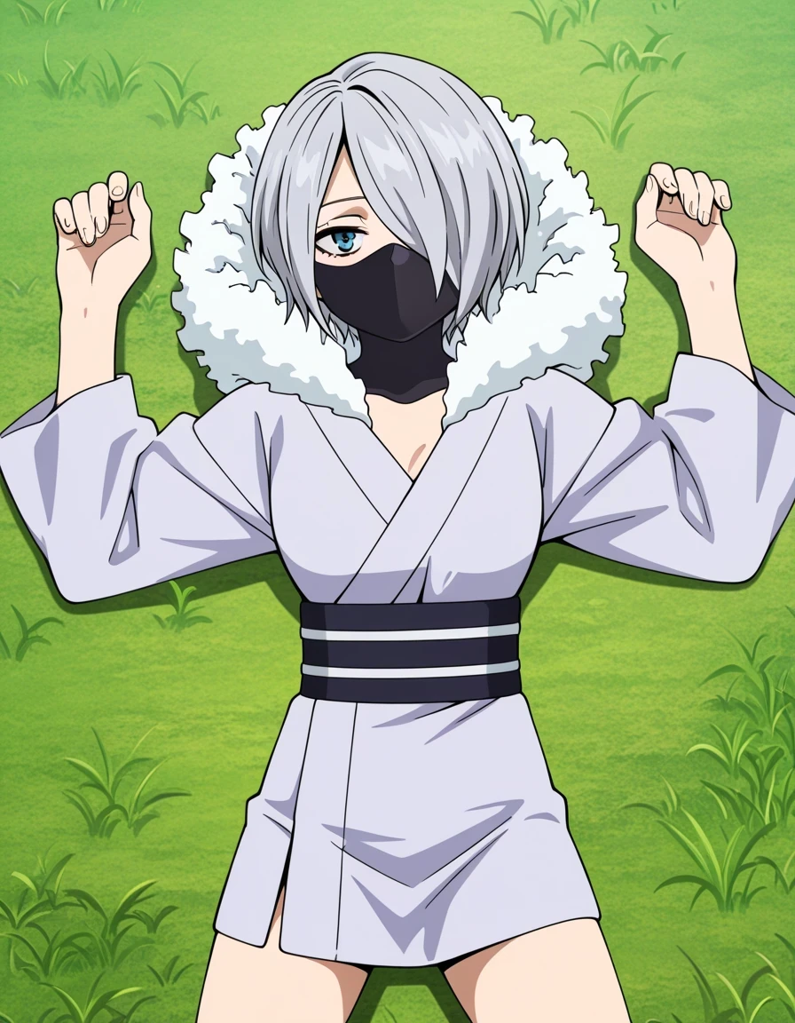 y4nagi, hair over one eye, short hair, grey hair, blue eyes, grey kimono, short kimono, long sleeves, wide sleeves, fur trim, black sash, ninja mask, anime screencap, high quality, solo, lying, on back, arms up, legs apart, closed mouth, grass, cowboy shot, overhead shot, looking at viewer, best quality