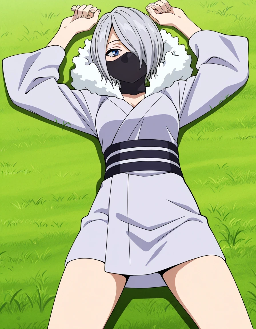 y4nagi, hair over one eye, short hair, grey hair, blue eyes, grey kimono, short kimono, long sleeves, wide sleeves, fur trim, black sash, ninja mask, anime screencap, high quality, solo, lying, on back, arms up, legs apart, closed mouth, grass, cowboy shot, overhead shot, looking at viewer, best quality