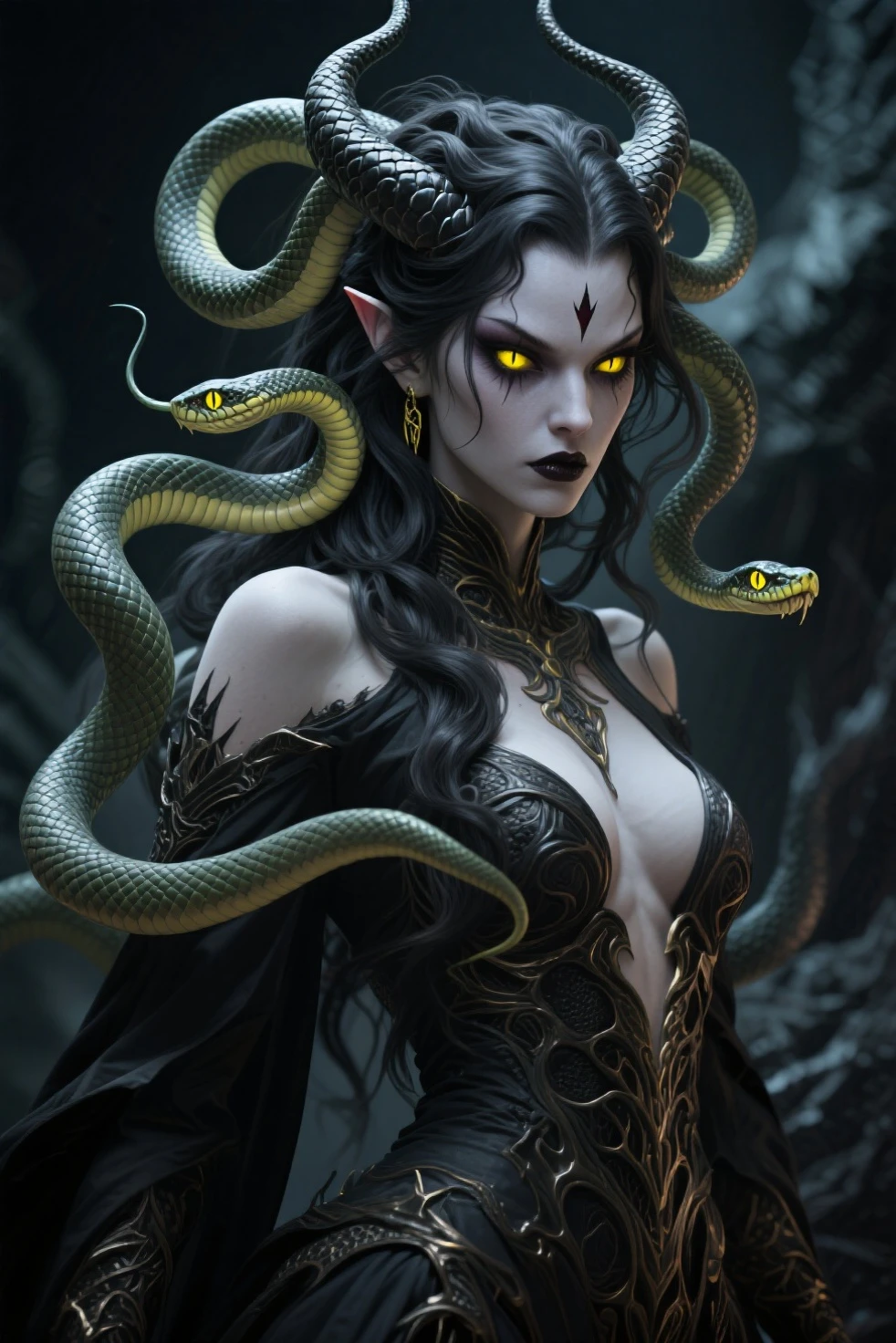 gorgon, gray skin, nsfw, snake eyes, angry face, gothic makeup, tribal markings, (masterpiece), best quality, highres, 4k, 8k, Detailed Illustration, intricate detail, cinematic lighting, amazing quality, amazing shading, soft lighting, upper body, midriff, breasts, torso, scales, snake hair, snakes, fangs, houraisan_kaguya_touhou, black hair, very_long_hair, red_eyes, hime cut