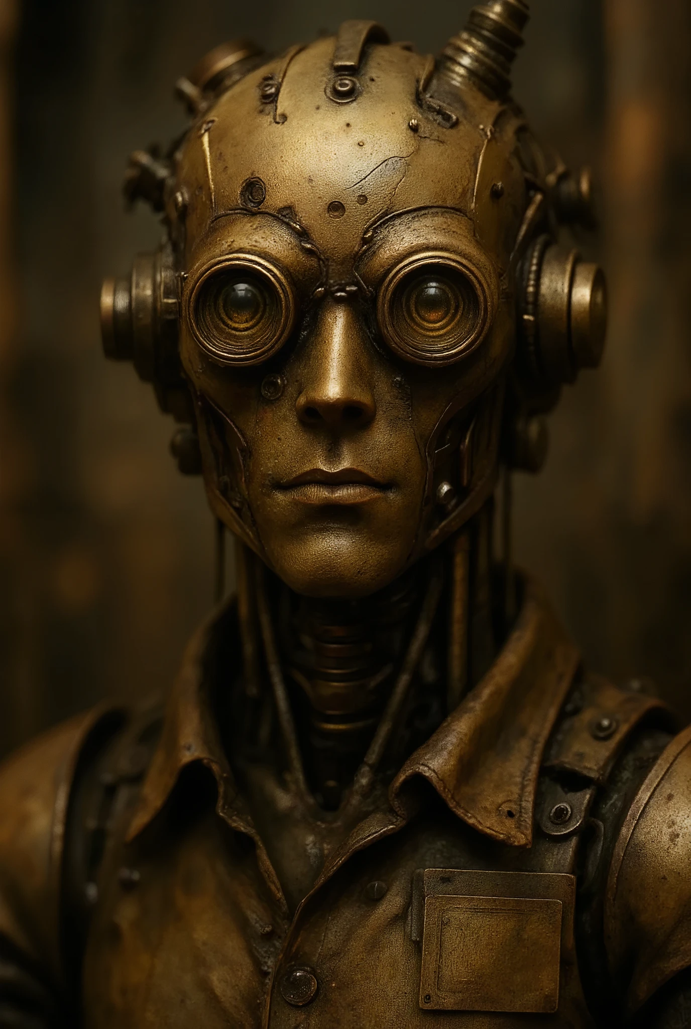 A detailed, steampunk-inspired sculpture of a humanoid robot. The robot's head is intricately designed, featuring large, round, circular eyes and a textured, metallic surface. The color palette consists of worn metal tones: brass gold copper bronze, creating a vintage and industrial aesthetic. The sculpture's face is detailed, with a neutral expression and a slightly down-turned mouth. The humanoid wears a worn-out shirt with a small, rectangular tag attached to the collar. The background is blurred, highlighting the robot as the central subject. The image evokes a sense of mystery and intrigue, as if the robot is in a state of deep thought or contemplation.