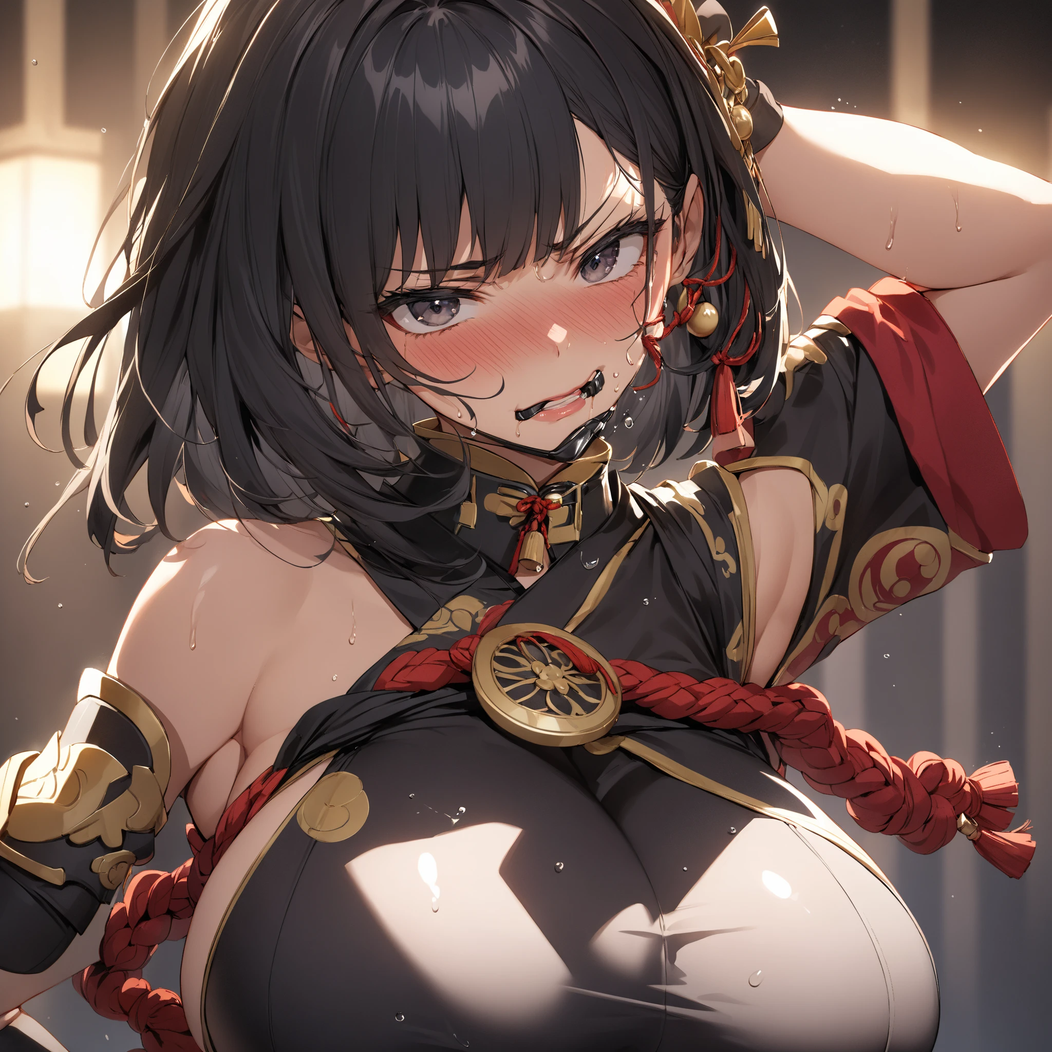 The best masterpieces, ultra-quality, ultra-detailliert, 超A high resolution, Illustration, Dim lighting, Photo, 8K, 1girl in, Outrageously beautiful and cute, Sweaty skin,(, Shy), ChunLi, Face full of scars、Skin shiny with sweat、 injured scared girl、 crying wet bursting out eyes, real tears streaming down face, ultra-detailed eyes,bandaid on face,covered with mud,expression of despair,Illumination that emphasizes shiny sweat{{{Spread }}},(crotch rope walking:1.0)