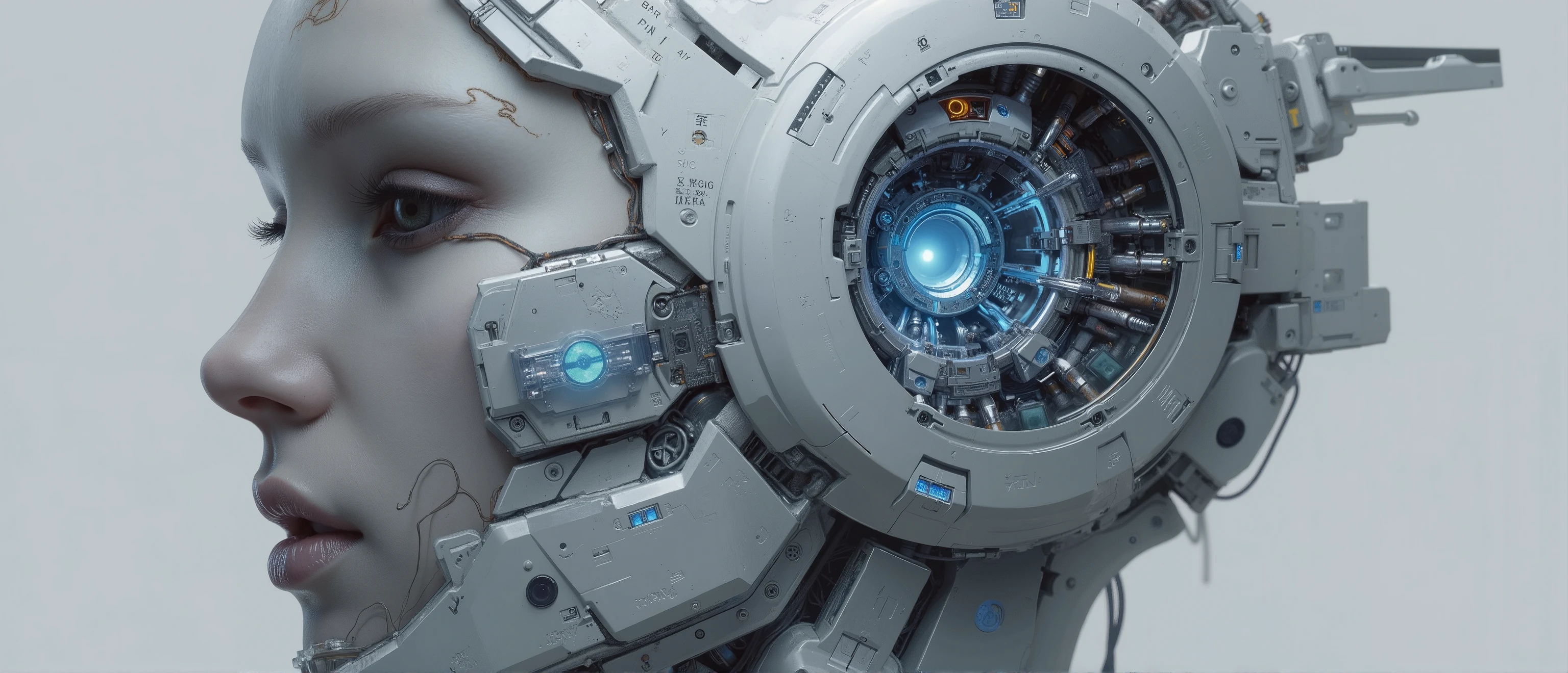 studio mega epic oil painting , 16 thousand., художественный masterpiece ,  correct gravity  ,  The fantasy zone  , 3000 years old ,masterpiece、Highest quality、Ultra-realistic artificial close-up style，Ultra-thin artificial leather，realistic texture, delicate smoothness，Perfectly flawless pentagonal outline，peace of mind, Focus and concentration，The side of the head opens, to show the exact mechanical structure，Biosimilar nerve fibers and nanoscale wires，Titanium alloy frame，Flashing blue LED on the board，Reflecting metal parts with transparent conductors，Background with the dominant clean white lab wall，Soft surgical lighting，8K Ultra HD image quality，professional studio lighting，moderate depth of field，macro lens，precise focus，realistic details，Industrial design aesthetics，medical accuracy，biotechnology，realistic texture