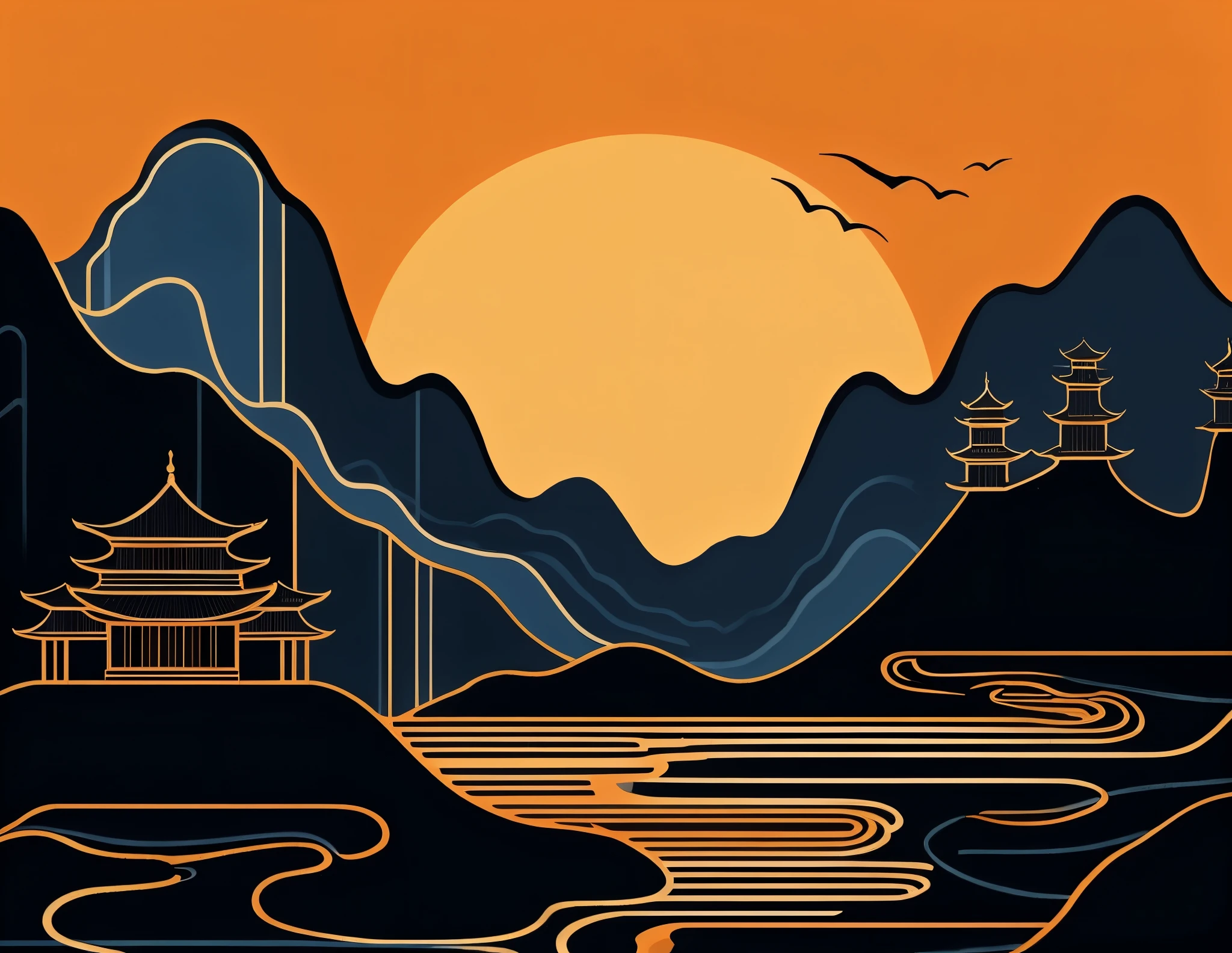 Minimalist art, black and blue form mountains and rivers, golden Chinese palaces on the mountains, line silhouette art, large orange background, intuitive art, strong color contrast