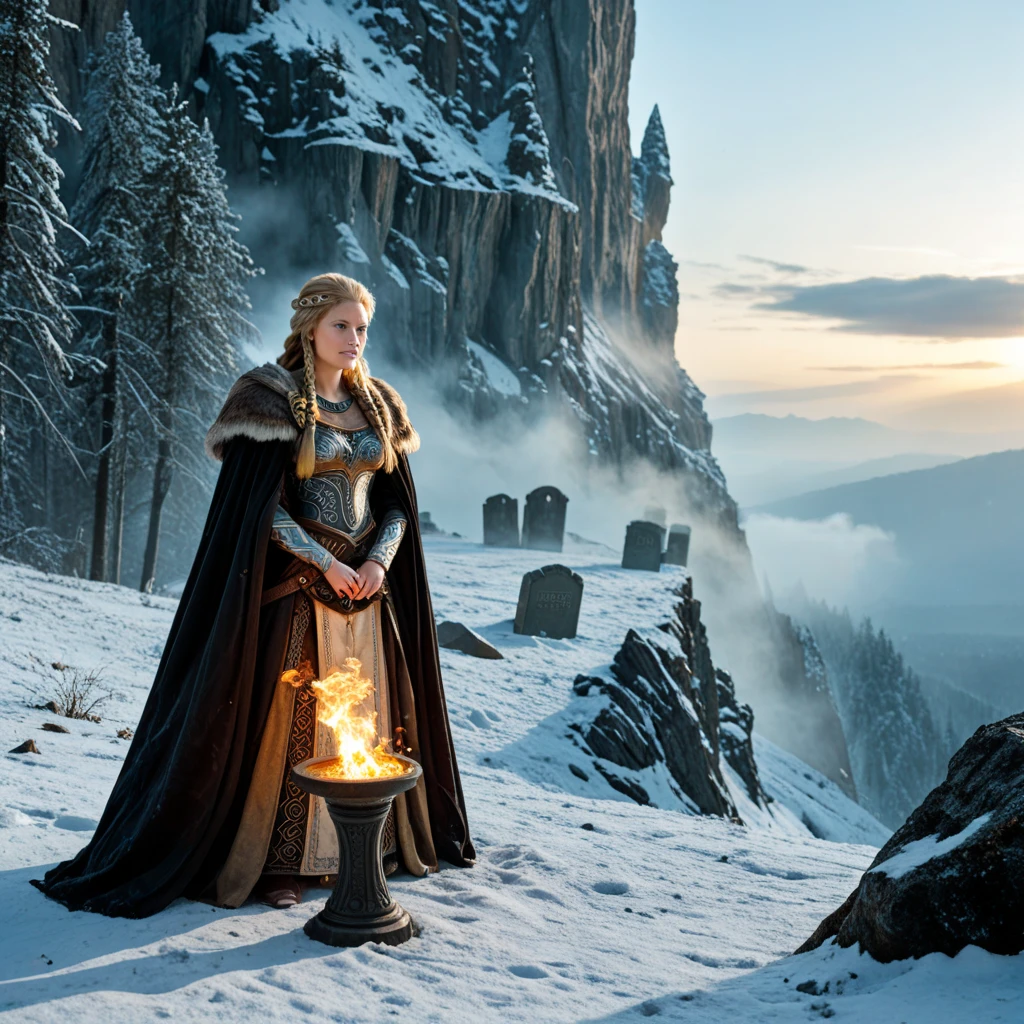 closeup shot of a stunning female Breton maiden stands poised on the weathered deck of a majestic ship at sunset in Skyrim. Her porcelain skin glows softly, illuminated by the warm rays of the rising sun. Delicate features and raven tresses frame her enigmatic smile as she gazes out to sea, the wind gently tousling her locks, blonde hair,female breton