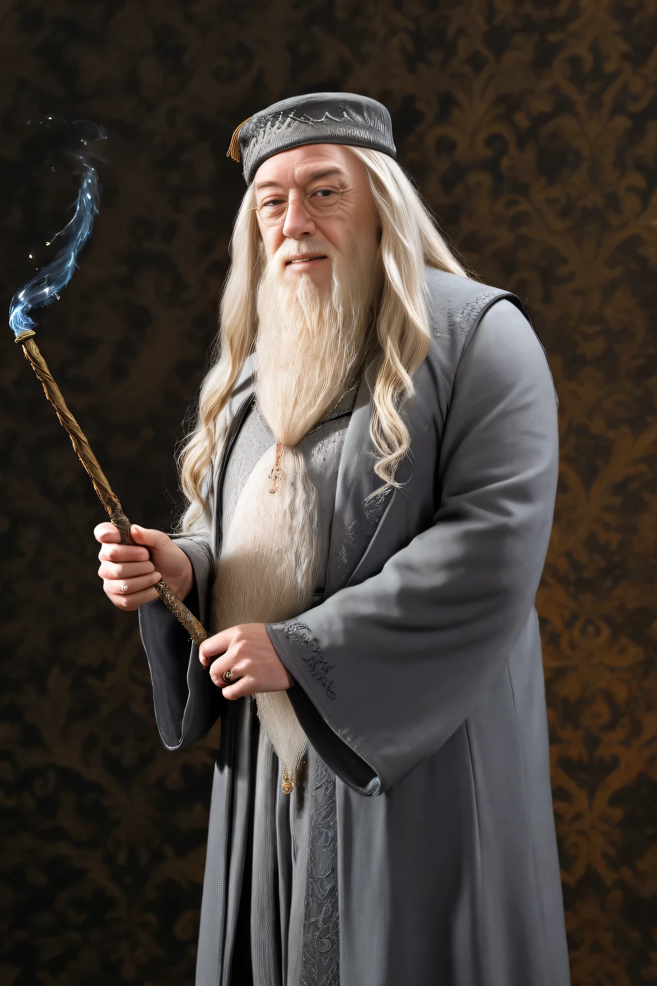 Albus Dumbledore,magic wand,Smile Yan, male,dynamic,Action,Powerful, beautiful ,strong,Dramatic,realistic,safe content(masterpiece, 最high quality, high quality, detailed background, complicated details,complicated,wear a super high resolution, とても beautiful ,Newest:1.2)