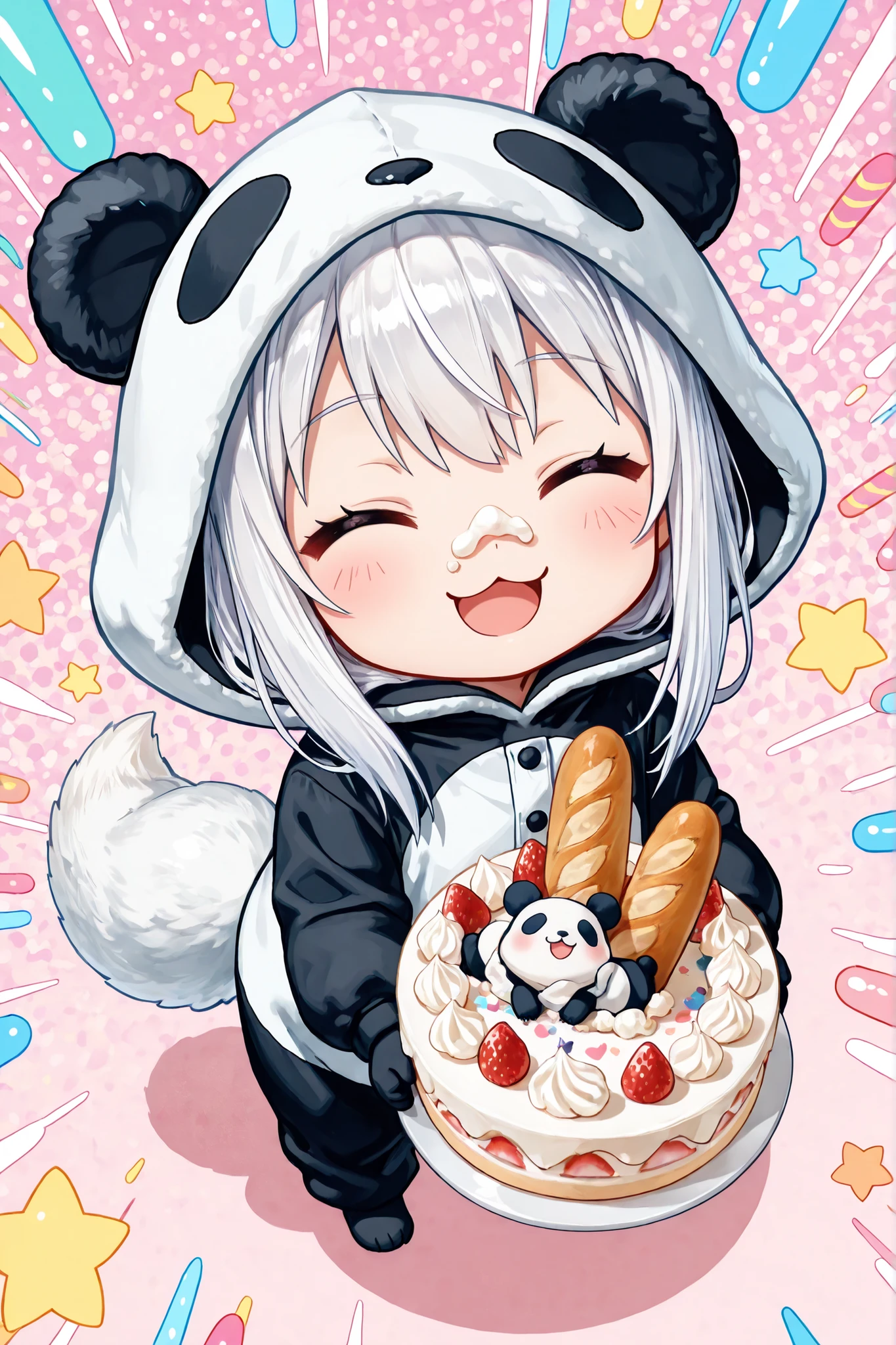 ((Masterpiece)),((best quality)),((incredibly absurdres)),((8K)),(anime style),
(1 chibi girl),(Deformed chibi:1.2),(anime chibi),solo,white hair,long hair,straight hair,baby face,cute,kawaii,BREAK\,(white fox tail), 
(panda costume),hood up,panda legs,
holding up a large (birthday cake) with both hands, (detailed cake),the cake decorated with whipped cream and (baguette),no candle,a dollop of whipped cream stuck adorably on the tip of her nose,
(:3),(closed eyes:1.2)(smile),look at viewer,open mouth-wide,pastel background,colorful background,
full body,from above,dynamic angle,A fairytale atmosphere,bright pupils,