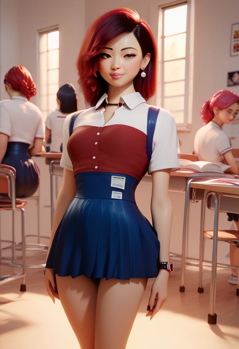 harleyssktjl2024, 1girl, model shoot, teacher suit, skirt, classroom, chalkboard, sexy teacher, glasses, pov, photorealistic, 8k, uhd, masterpiece, detailed skin, skin pores, intricate, depth of field, full body, raw image, double bun, makeup, blonde hair, crazy smile, cinematic lighting, large breasts, multicolored hair,