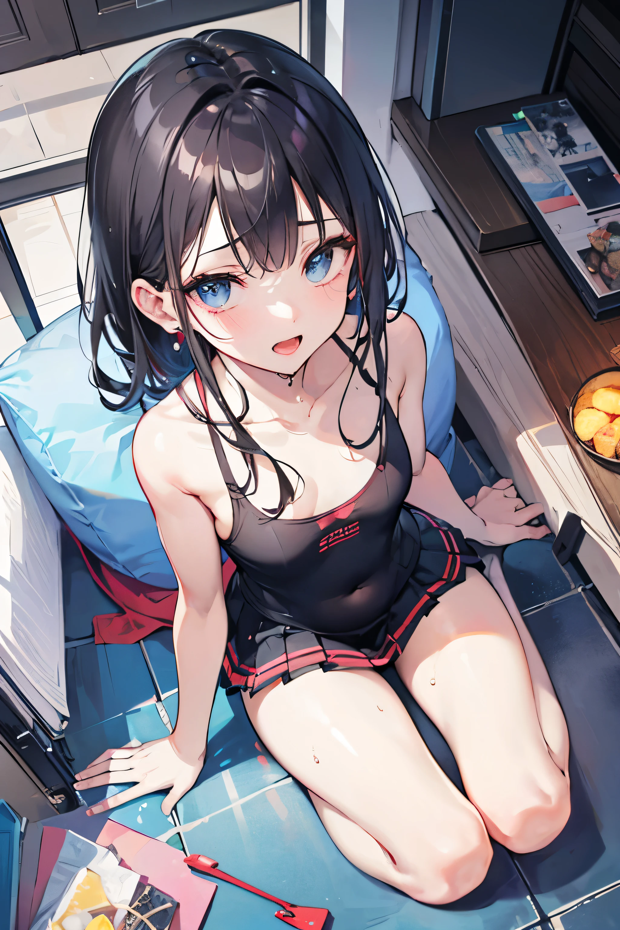 ((High quality, 4k, super-detailed) 1.2)
BREAK.
(Full body: 1.1), (1 female: 1.2), (Detailed beautiful face: 1.1), (Detailed beautiful eyes: 1.1), (Detailed small nose: 1.1), (Detailed thin mouth: 1.1), (Long black hair: 0.8), (Blue eyes: 0.9), (Detailed body: 1.0), (Detailed legs: 1.0)
BREAK.
Tank top, mini skirt, pierced ears, navel exposed.
BREAK.
Textured skin, shiny skin, textured hair, wet skin,