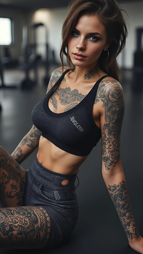 Very sexy woman age 33, Indian female, muscular defined toned deltoids arms and biceps with abs, sweaty body, full of tattoos, cute smile, headphones around neck, front angle standing facing the camera, full body length photo, looking straight at the camera, full body length shot, massive boobs 38D wearing Nike tracksuit, 4k HD.