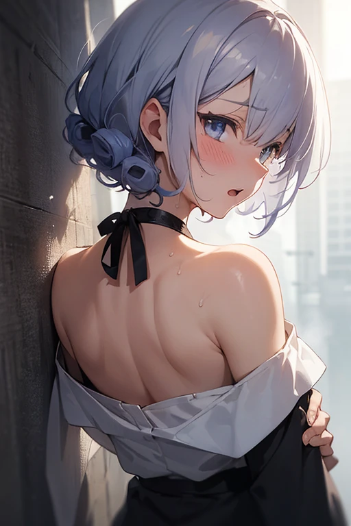 (SFW), masterpiece, best quality, highres 64k, professional artwork, famous artwork, clean, cinematic lighting, beautiful green eyes + detail, beautiful white short hair + detail, multicoloured hair, (very sexy young female body:1.4), ( ((medium breast, lactation))), Seduction:1.2, facing away viewer, floating hair, makeup, 1girl, solo, s white thighhighs, ((sexy brown skin)), indoors, bedroom, from behind, (( upper body, )), ((change clothes)) ,<lora:CHAR-SeceliaDote:0.9> <lyco:GoodHands-beta2:1.0> , <lora:ghostRunner_v10:0.8>