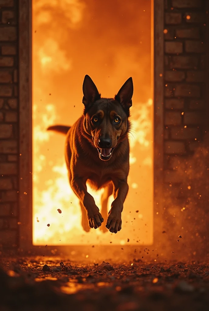 Animated Exploding Dog 3D ultra HD dramatic shot of a brave dog jumping into the burning house ...