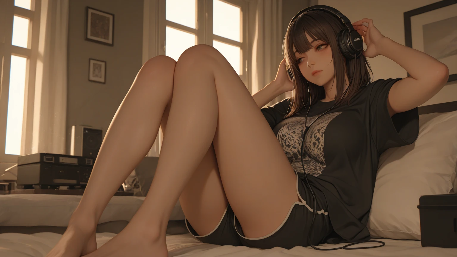 Create a high-quality, detailed image of a beautiful, anime cat gamer girl with tattoos and long hair, beautiful eyes, sitting at her gaming PC in her gaming room. She is wearing a tank top, and sleep shorts, showing her midriff, highlighting her stunning curves. The warm, inviting scene includes soft ambient lighting, comfortable seating, The setting is illuminated by a small lamp, creating a serene and intimate atmosphere