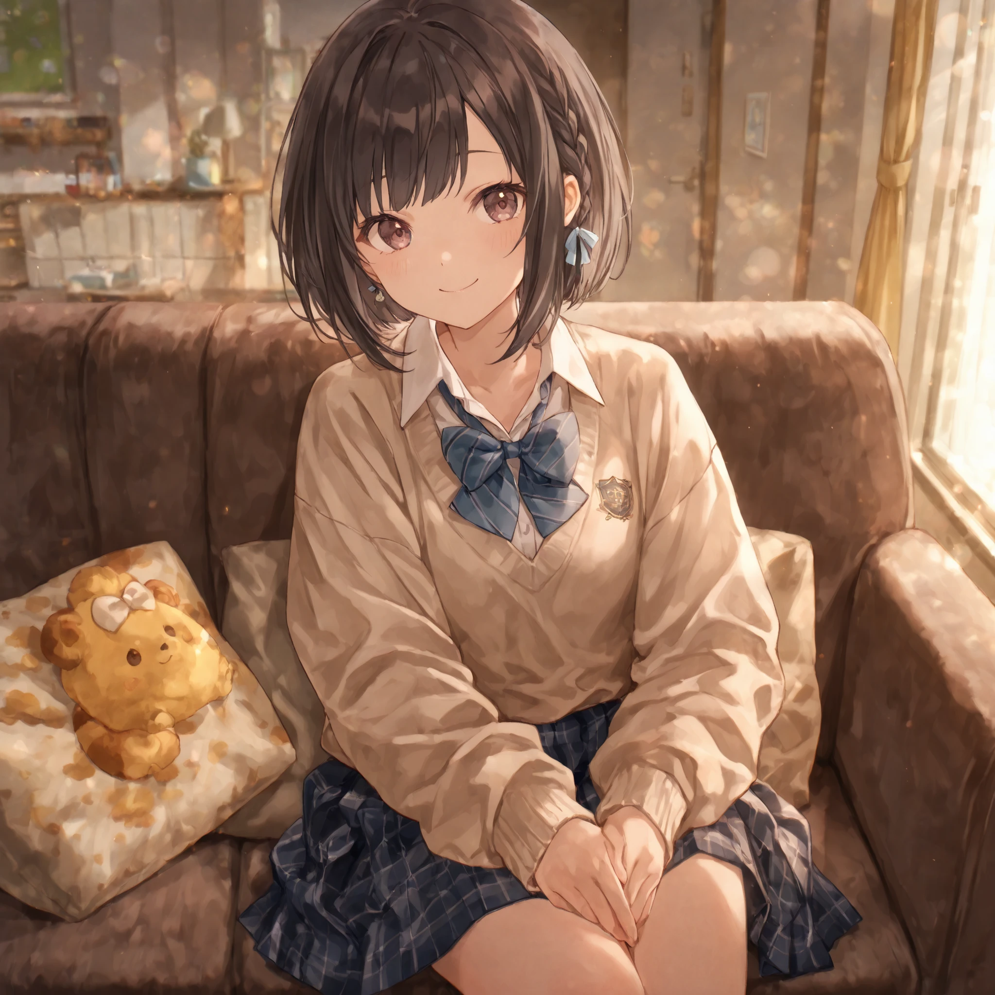 ((1 girl :1,6))，, Dynamic angle, Ultra detailed, illustration, Close-up, straight, Best quality，cinematic lighting，detailed background，a high resolution，ultra - detailed），flushed complexion，smile，Lustful，depraved, he sits with his legs apart, all his charms are visible, on the sofa in the children&#39;s room（(Short dress with straps and children&#39;s print, pulled up to the chest)）, (Small breasts, beauty, funny, Beautiful, slender body, ) , ((completely naked:1,7)), children&#39;s panties are pulled down below the knees, shows itself [[delicate fingers and hands:0.55]::0.85],(detailed fingers)))