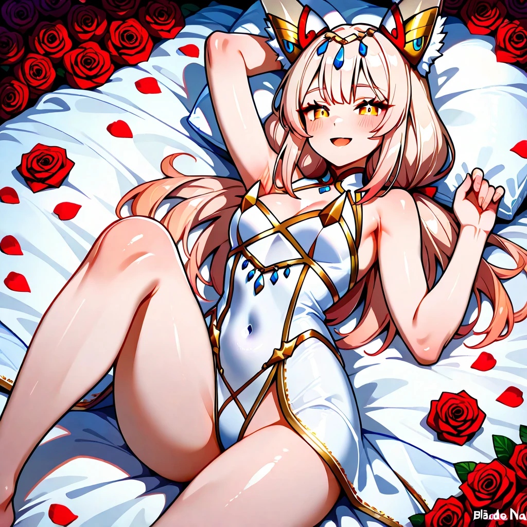 female oni, on knees on bed, big breast, navel, abs, strong body, happy face, white long hair, hands behind torso, ((very red skin)), high heels, shackles on legs and arms, black chocker, oni horns