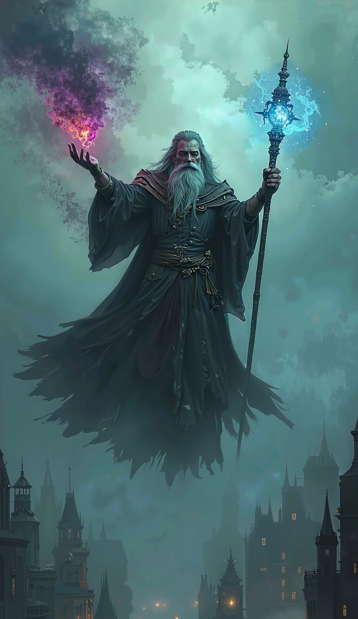 dark fantasy scene, masterful sorcerer in leather-reinforced battle robes, majestic beard moving in magical winds, floating in display of power above fog-covered metropolis, staff channeling three-colored spell energies, threatening storm clouds surrounding him, city buildings barely visible through atmospheric mist, oppressive and dominating presence