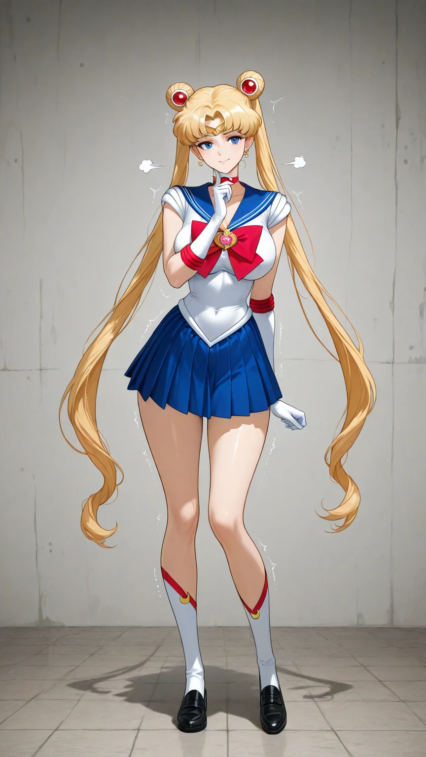 masterpiece, best quality, absurdres, perfect antomy, 1girl, solo, SMMoon, 1990s \(style\), blonde sailor moon, standing, smile, cowboy shot, sailor senshi uniform, sailor collar, blue skirt, ultra mini skirt, ( FULL BODY),(((,barefoot))), 5 toes, black toe nails, Focus full body, tied ankles together, tied arms, solo, on dungeon 