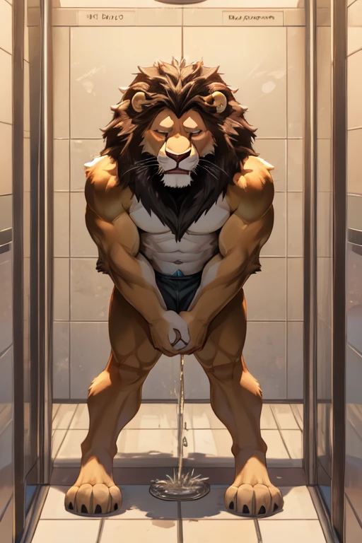 Massive male lion、lion facing backwards、big high quality eyes、lion's back、High quality male lion face、The lion's mane stands on end、very small head、lion's tail、composition from behind、body behind、Face looking sideways、displeased look、angry look、Gritting teeth、incredibly obese limbs、very obese body、Lower abdomen bulges out as if pregnant、Very thick body hair all over the body、lots of sweat、Inside the shabby toilet、Pose sitting on toilet bowl、Dirty toilet bowl、large amounts of hard stool、Pose of excreting feces、I'm getting a stool