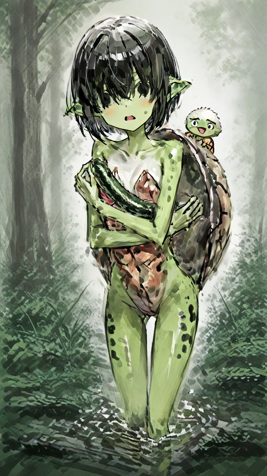 An alien in a forest with her having green skin with some details of white having completely black eyes and having an alien face she is tall being 3 m and 10 tall with her having tentacles coming out of her groin and has no nails she doesn't even have a nipple she has a lizard tail and not for her hair she has a huge ass and big thighs and huge giant hips