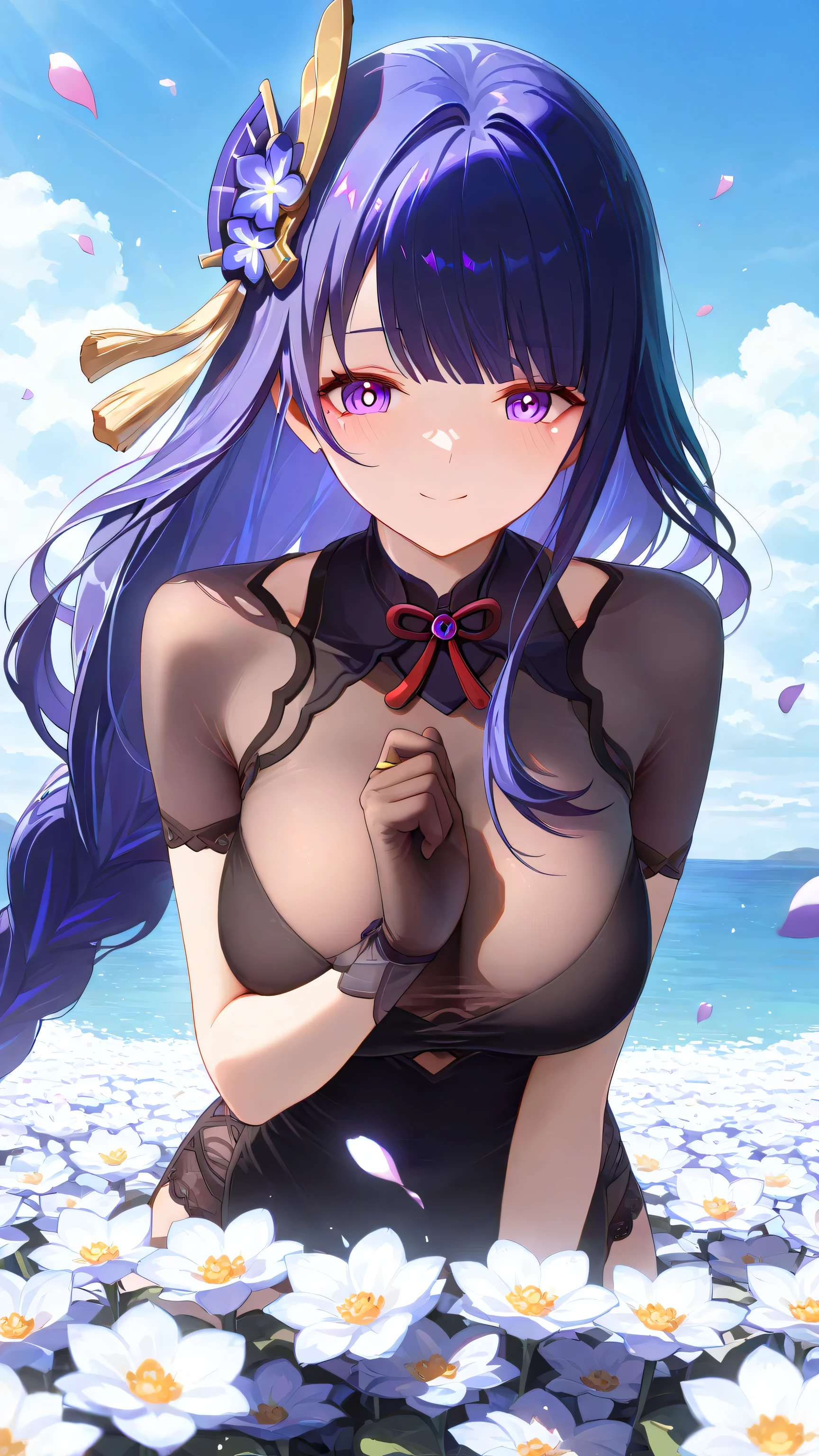 1 girl, From_Raiden Shogun\( Genshin\),Raiden Shogun,long black cheongsam,Black Silk,white lace,Gloves,Smile,Shy,outdoor,Flowers,blue sky and white clouds,Sea of Flowers, Highly Detailed, High Contrast, ray tracing,  best lighting , cinematic composition,  Pretty faces ,of the best quality, light and shadow, ultra-high resolution behind you, detailed background, comics, Pastel Details ,See,  Cafe with a soft atmosphere ,  style,  solo,well-crafted hair and eyes,Petals Falling,Advanced CG illustration