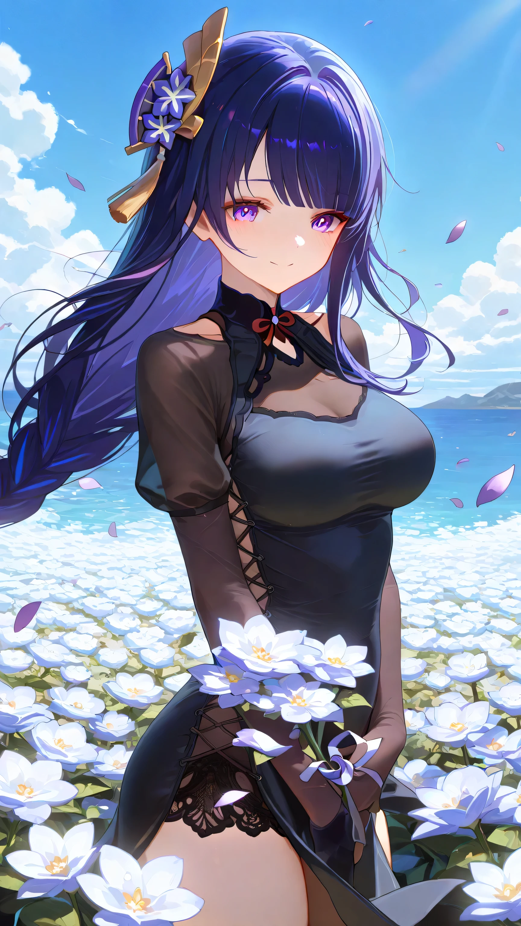 1 girl, From_Raiden Shogun\( Genshin\),Raiden Shogun,long black cheongsam,Black Silk,white lace,Gloves,Smile,Shy,outdoor,Flowers,blue sky and white clouds,Sea of Flowers, Highly Detailed, High Contrast, ray tracing, best lighting , cinematic composition, Pretty faces ,of the best quality, light and shadow, ultra-high resolution behind you, detailed background, comics, Pastel Details ,See, Cafe with a soft atmosphere , style, solo,well-crafted hair and eyes,Petals Falling,Advanced CG illustration