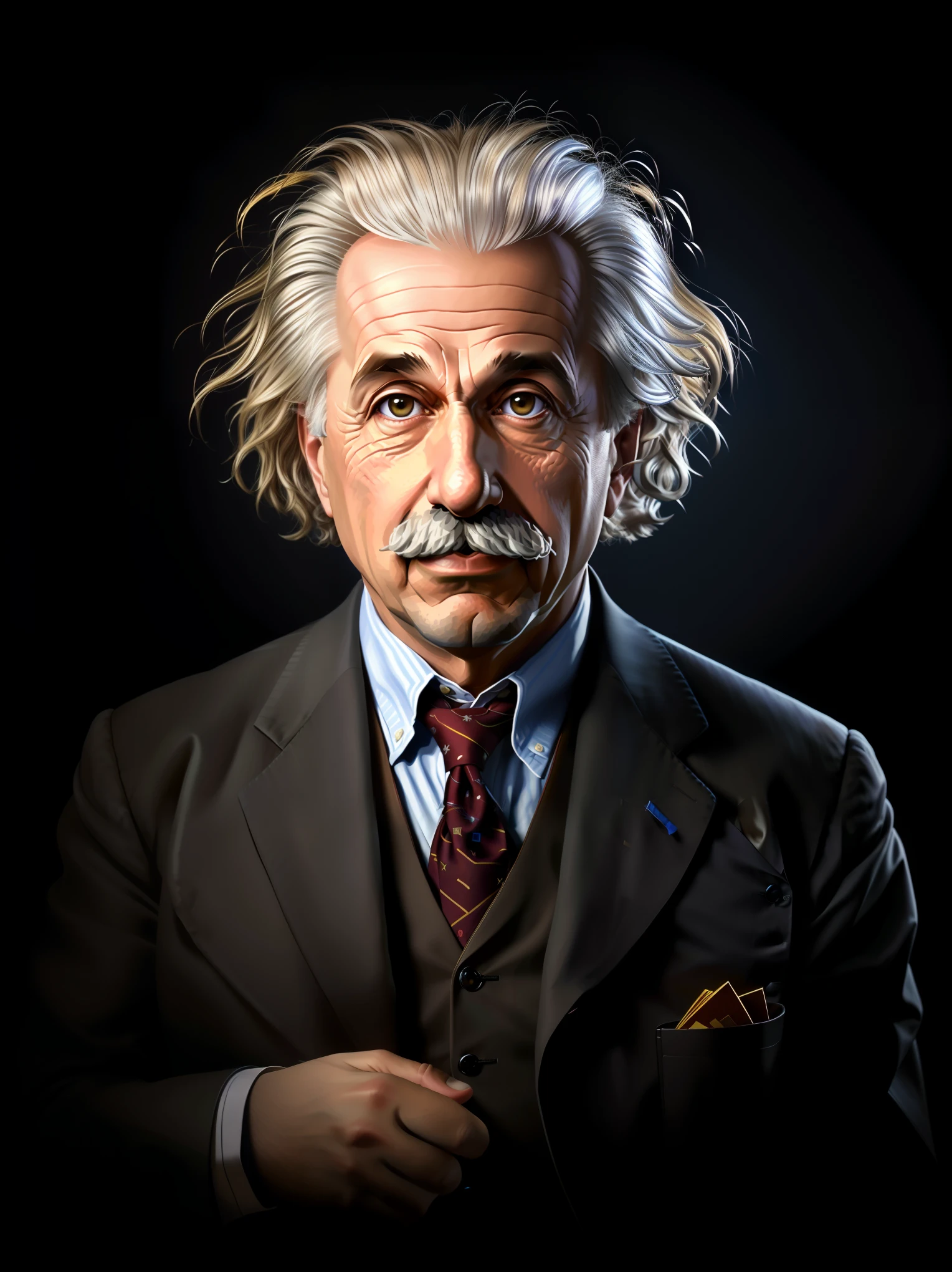 image of a man with a mustache and suit, Portrait of Albert Einstein, Retrato de Einstein, albert einstein, Einstein, inspirado em Yousuf Karsh, realistic portrait photo, foto de retrato, high quality portrait, Retrato NFT, highly detailed vfx portrait of, ultra detailed portrait, ultra realistic portrait, realistic studio portrait, Epic portrait illustration