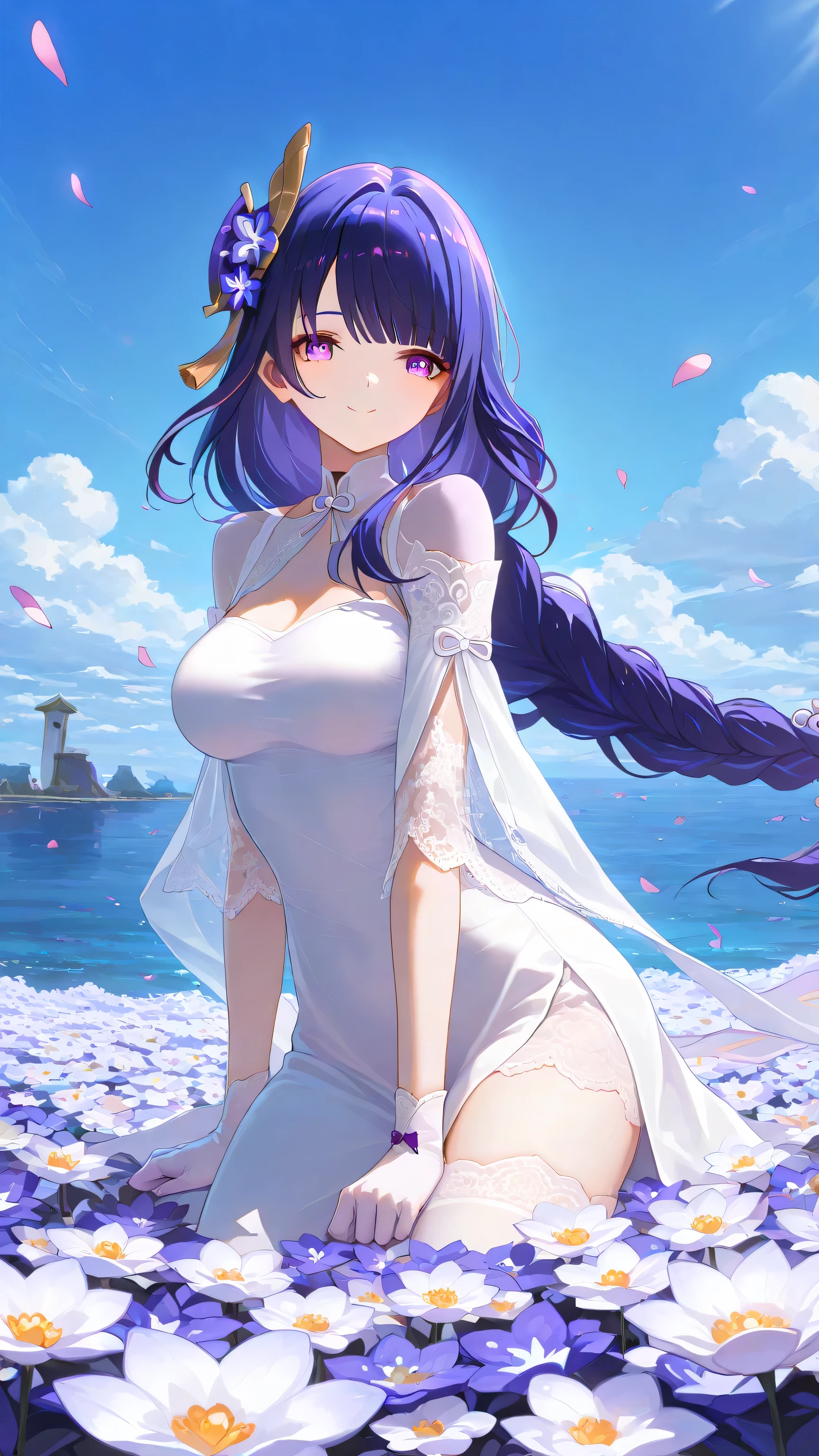 1 girl, From_Raiden Shogun\( Genshin\),Raiden Shogun,white long cheongsam,Black Silk,Lace,Gloves,Smile,Shy,outdoor,Flowers,blue sky and white clouds,Sea of Flowers, Highly Detailed, High Contrast, ray tracing, best lighting , cinematic composition, Pretty faces ,of the best quality, light and shadow, ultra-high resolution behind you, detailed background, comics, Pastel Details ,See, Cafe with a soft atmosphere , style, solo,well-crafted hair and eyes,Petals Falling,Advanced CG illustration