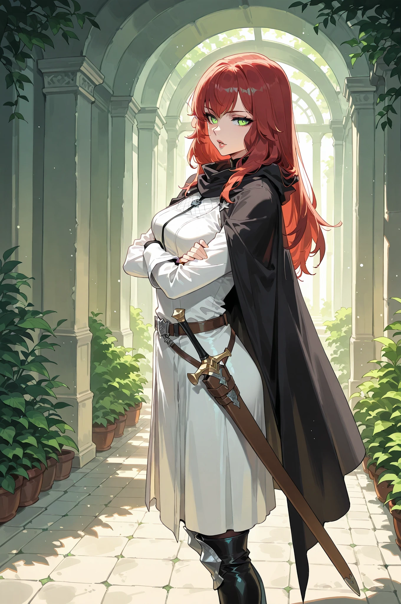 lazypos, 1girl, solo, looking at viewer, wideshot, from the side, standing, detailed eyes, looking at viewer, shadow, ligh particles, full lips, thick lips, Inspiring, arms crossed,
red hair, medium breasts, green eyes, long hair, glowing eyes, straight hair, medium breasts, white knight uniform, royal knight clothes, greek garden background, leather utility belt with scabbard for a sword, wearing black cape, black boots