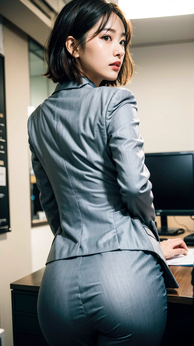 (Best quality, 8k, 32k, Masterpiece, UHD:1.2), 1girl, beautiy Japanese woman, narrow waist, grey suit, open jacket, office lady, suit, pants, from behind, office room, desk, (stick out one's buttocks:1.2), detailed face, short hair, looking at viewer