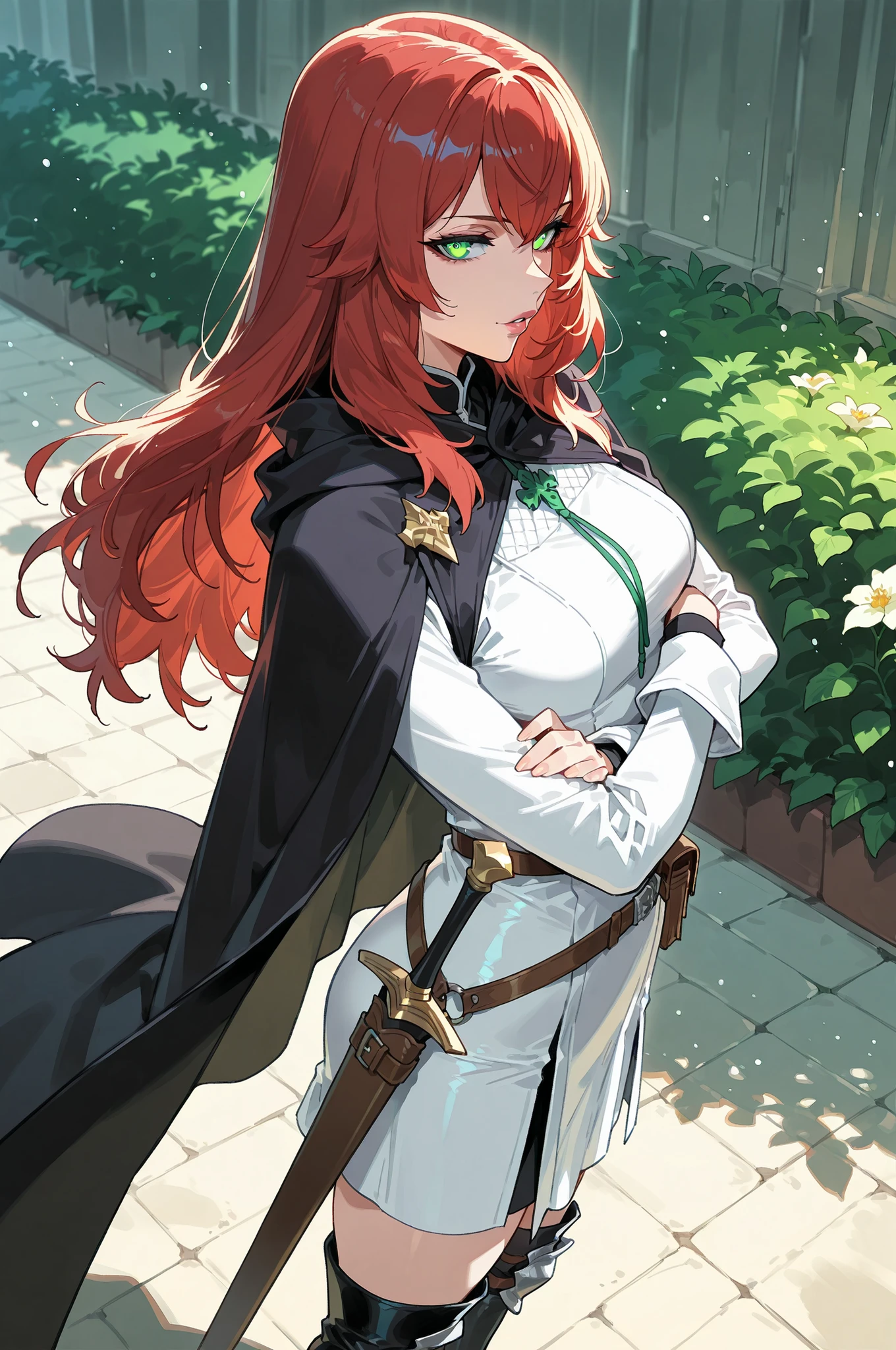 lazypos, 1girl, solo, looking at viewer, wideshot, from the side, standing, detailed eyes, looking at viewer, shadow, ligh particles, full lips, thick lips, Inspiring, arms crossed,
red hair, medium breasts, green eyes, long hair, glowing eyes, straight hair, medium breasts, white knight uniform, royal knight clothes, greek garden background, leather utility belt with scabbard for a sword, wearing black cape, black boots