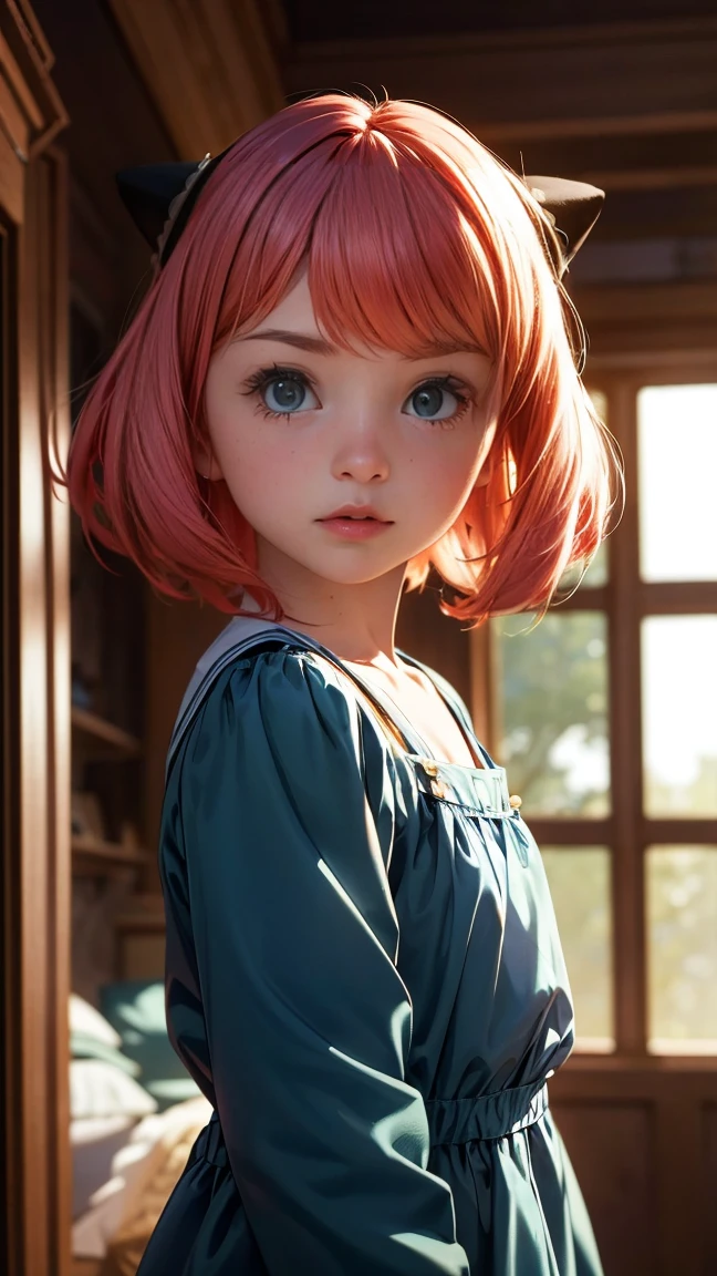 Kid, blond hair, blue eyes, really short hair, bangs covering eyes, , kid, 8 year old, sitting, pretty face, petite, detailed face, very detailed, detailed eyes, oily skin, detailed skin, masterpiece, best quality, detailed, female, female, green dress, light pink lips,