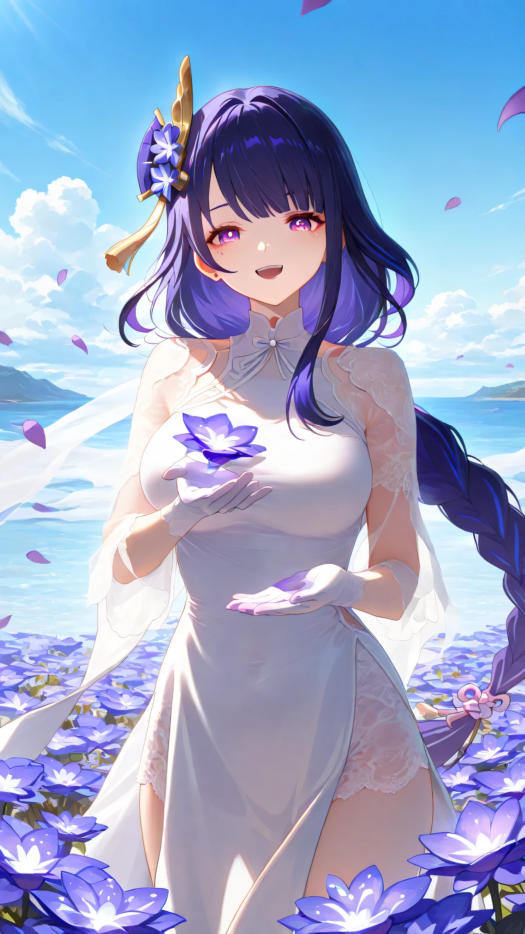 1 girl, From_Raiden Shogun\( Genshin\),Raiden Shogun,white long cheongsam,White Silk,Lace,White Gloves,Smile,Open your mouth,happy,outdoor,Flowers,blue sky and white clouds,Sea of Flowers, Highly Detailed, High Contrast, ray tracing, best lighting , cinematic composition, Pretty faces ,of the best quality, light and shadow, ultra-high resolution behind you, detailed background, comics, Pastel Details ,See, Cafe with a soft atmosphere , style, solo,well-crafted hair and eyes,Petals Falling,Advanced CG illustration