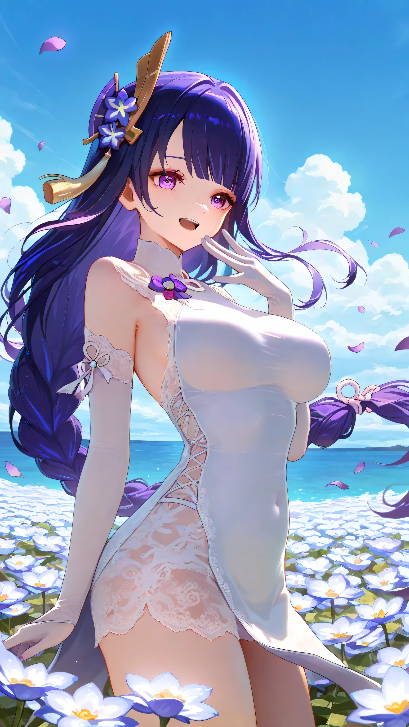 1 girl, From_Raiden Shogun\( Genshin\),Raiden Shogun,white long cheongsam,White Silk,Lace,White Gloves,Smile,Open your mouth,happy,outdoor,Flowers,blue sky and white clouds,Sea of Flowers, Highly Detailed, High Contrast, ray tracing, best lighting , cinematic composition, Pretty faces ,of the best quality, light and shadow, ultra-high resolution behind you, detailed background, comics, Pastel Details ,See, Cafe with a soft atmosphere , style, solo,well-crafted hair and eyes,Petals Falling,Advanced CG illustration