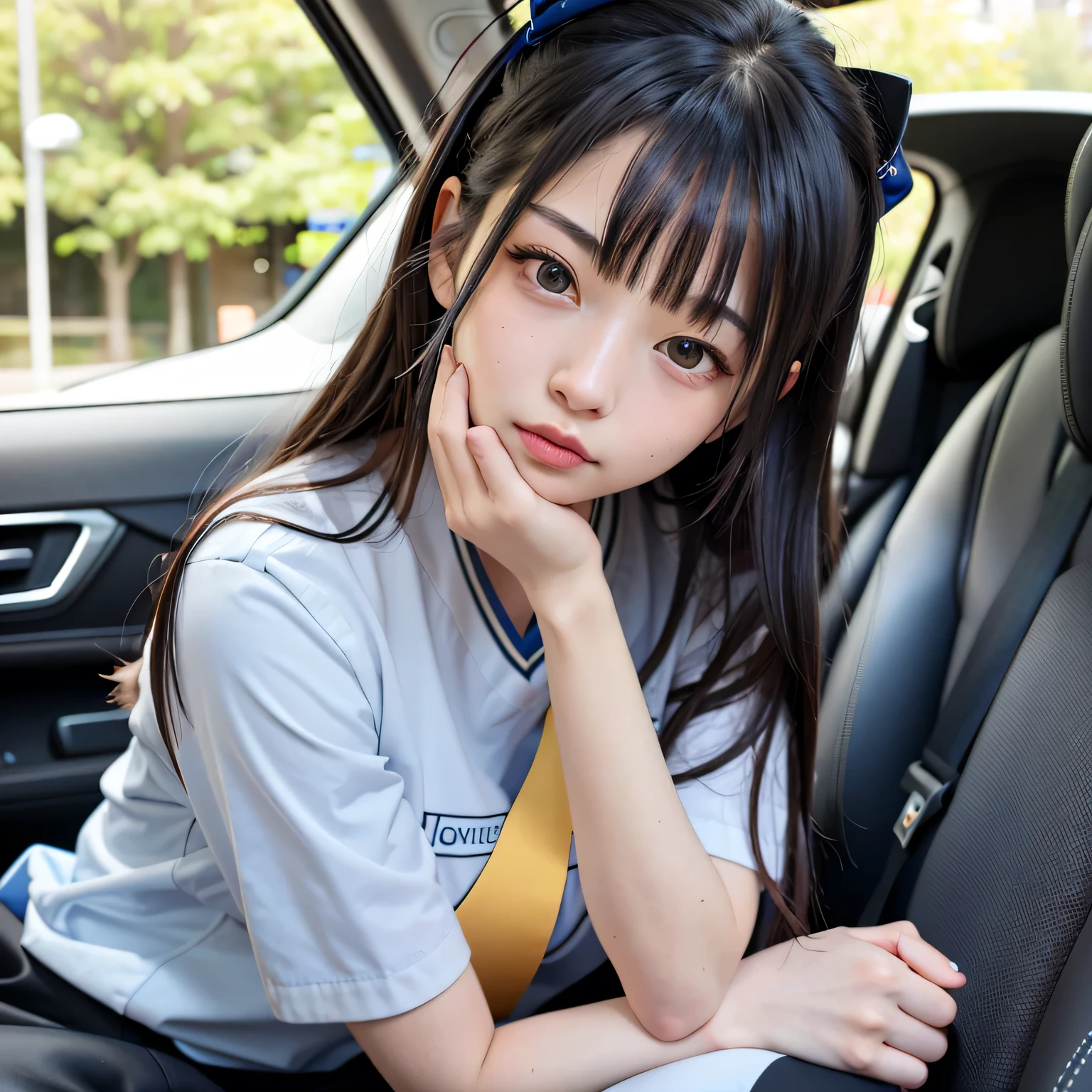 A beautiful girl sitting in the passenger seat of a compact car. She's wearing a light blue nurse uniform with a matching nurse cap, styled in a soft, elegant way. She leans slightly toward the driver's seat, her upper body tilted forward naturally. Her hands are gently held close to her mouth in a tender, thoughtful gesture, as if she's imagining holding something important and delicious. Her lips are slightly parted, and her expression is dreamy, blissful, and full of quiet delight, as if savoring a moment in her mind. The scene is warmly lit, cozy, and filled with a subtle sense of intimacy inside the small car interior. No food is visible. long hair, dark hair, dark eyes.