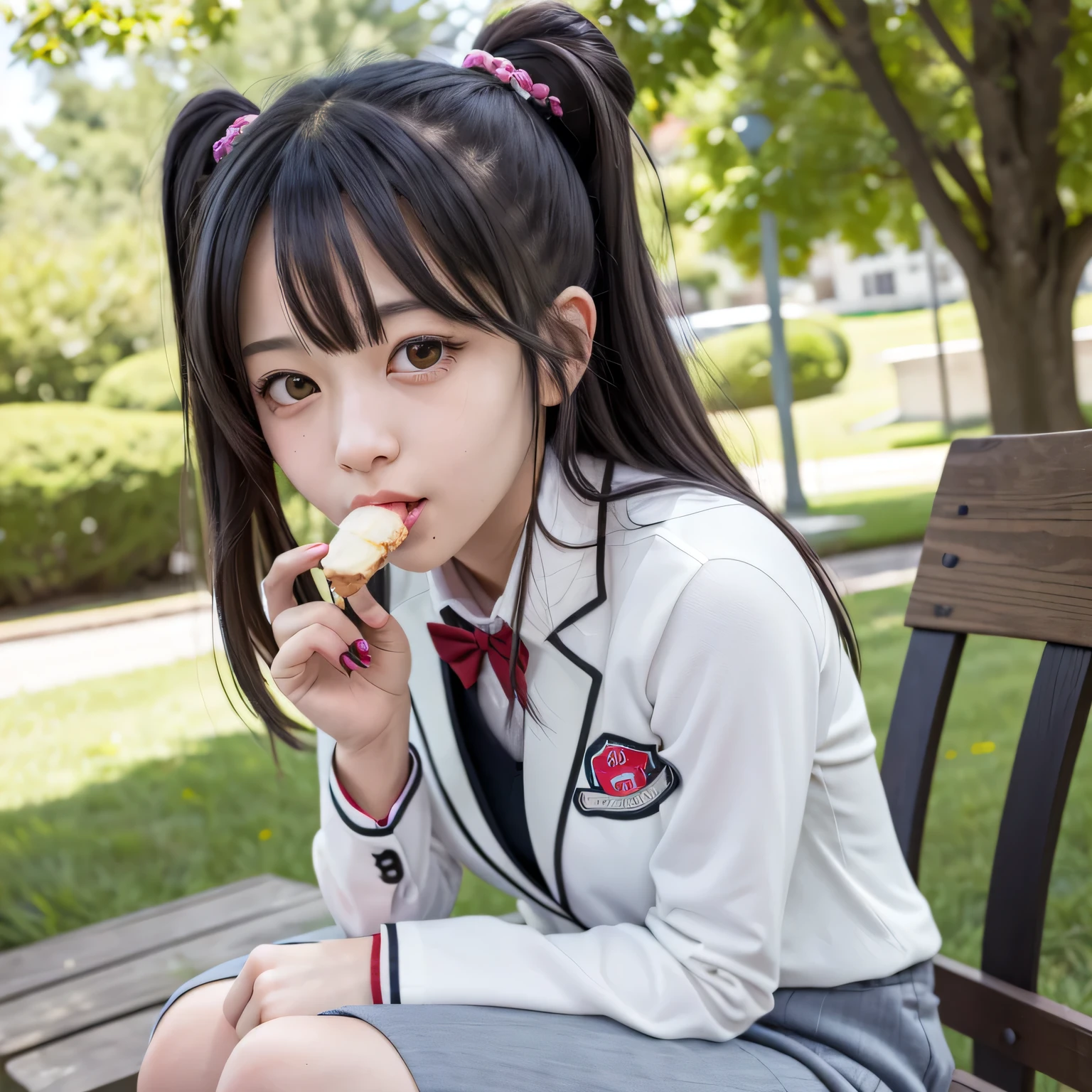 A cute anime-style high school girl wearing a neat Japanese blazer school uniform. She is sitting on a wooden park bench under the clear daytime sky. The girl is holding a rectangular ice cream bar with both hands, firmly yet delicately, and biting it gently with her lips. Her pose shows her leaning forward slightly. The ice cream bar is horizontal and held close to her mouth with both hands, clearly visible. Her eyes sparkle with joy, and her soft smile shows her delight. Green trees and soft shadows add to the peaceful, summery atmosphere. long hair, dark hair, dark eyes.