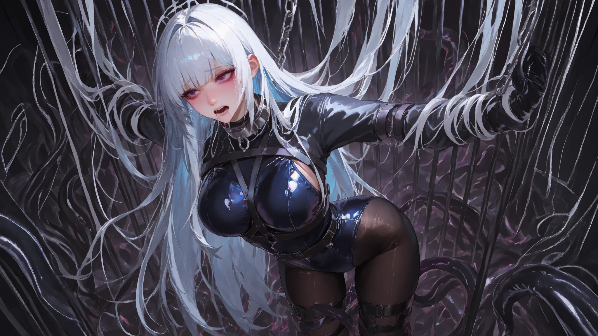 Silver hair, twin drill, riding a black dildo, putting a dildo in her pussy, legs spread in an M-shape, arms hanging from chains above, armpits, tattered clothes, clothes ripped to reveal nipples, liquid squirting from pussy, blushing, tears, blindfold, one girl, putting a dildo in her pussy, riding a dildo