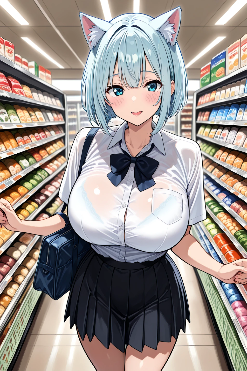 TOUYAMAMISUZU, GREEN HAIR SHORT HAIR, , GREEN EYES,, empty eyes Running, wearing nothing, bare-skin, navel, the groin, BREAK in front of convenience store, large breasts、 Nipples, nsfw, nipple , (Sweating profusely, Love juice, Wet Woman, female ejaculation),, solo, Peeing, lactation, projectile lactation
