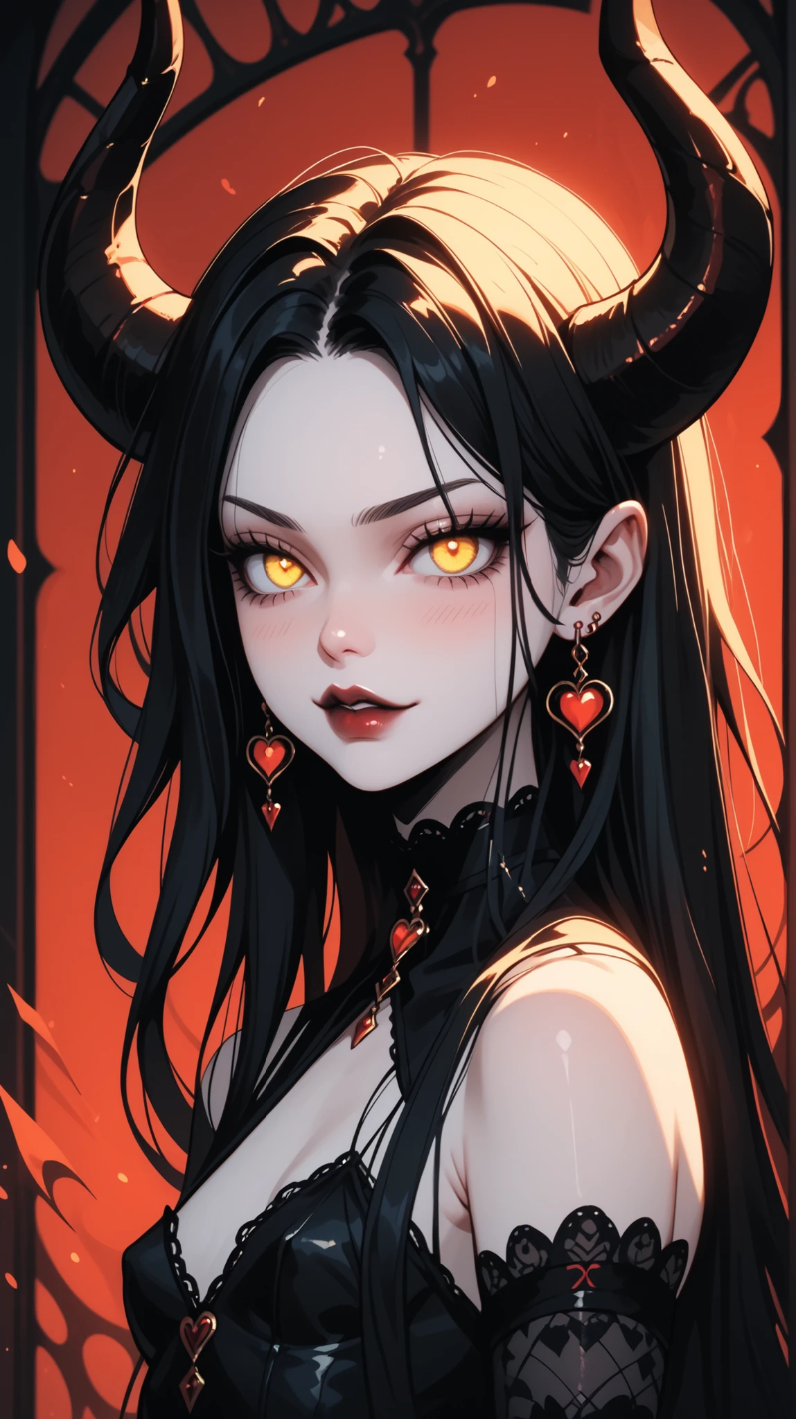 demon girl,  succubus, sexy ,pale skin, cute face,  big black curved horns,  looking at the audience , bottom focus , black long hair,   expressive yellow eyes ,  glowing yellow eyes ,  seductive eyes, dress, small breasts,  gothic background 