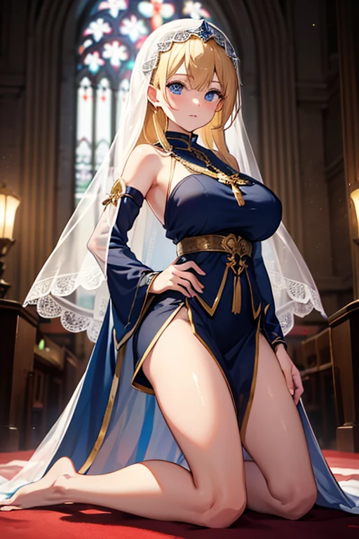 (hyper extreme detailed:1),(masterpeace),(hyper extreme),(photorealistic),(colour:1.2),beautiful lighting,light from the front, simple background,eye highlights,solo,(perfect anatomy:1.4), indoor in church, <lora:JeannedArc_V2:0.55>,jeannedarc \(azur_lane),blond hair,hair up,blue eyes,white dress,white thighhighs,boot