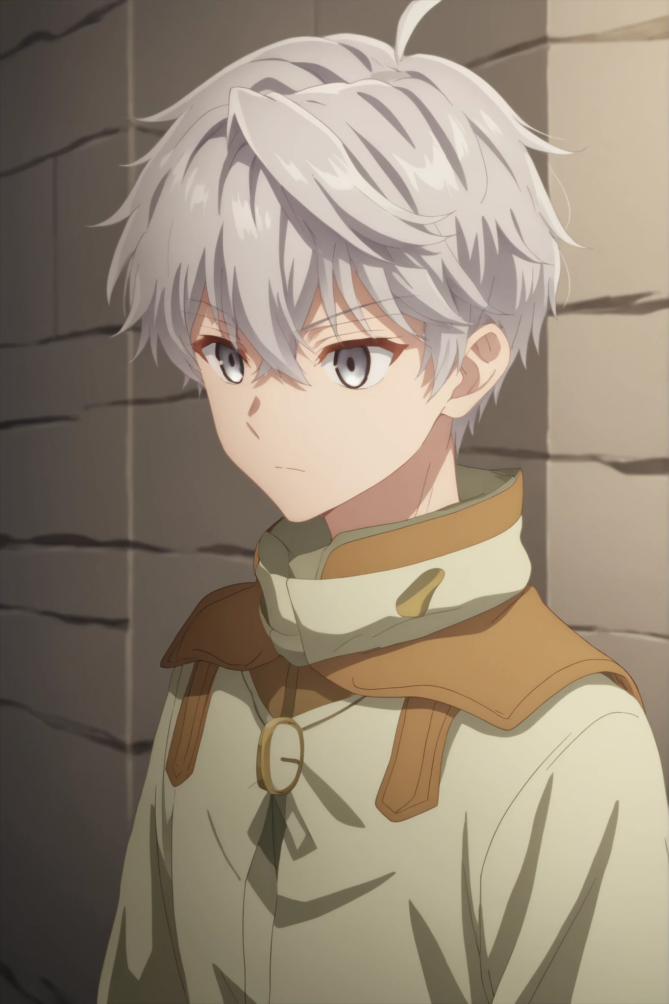 score_9, score_8_up, score_7_up, source_anime, rating_safe, intricate details, anime screencap, , , , depth of field, 1boy, solo, male focus, lugh_tuatha_de, grey hair, grey eyes, short hair, hair between eyes, bangs, upper body, corridor, light, leaning on object, relaxed, leprechaun costume,