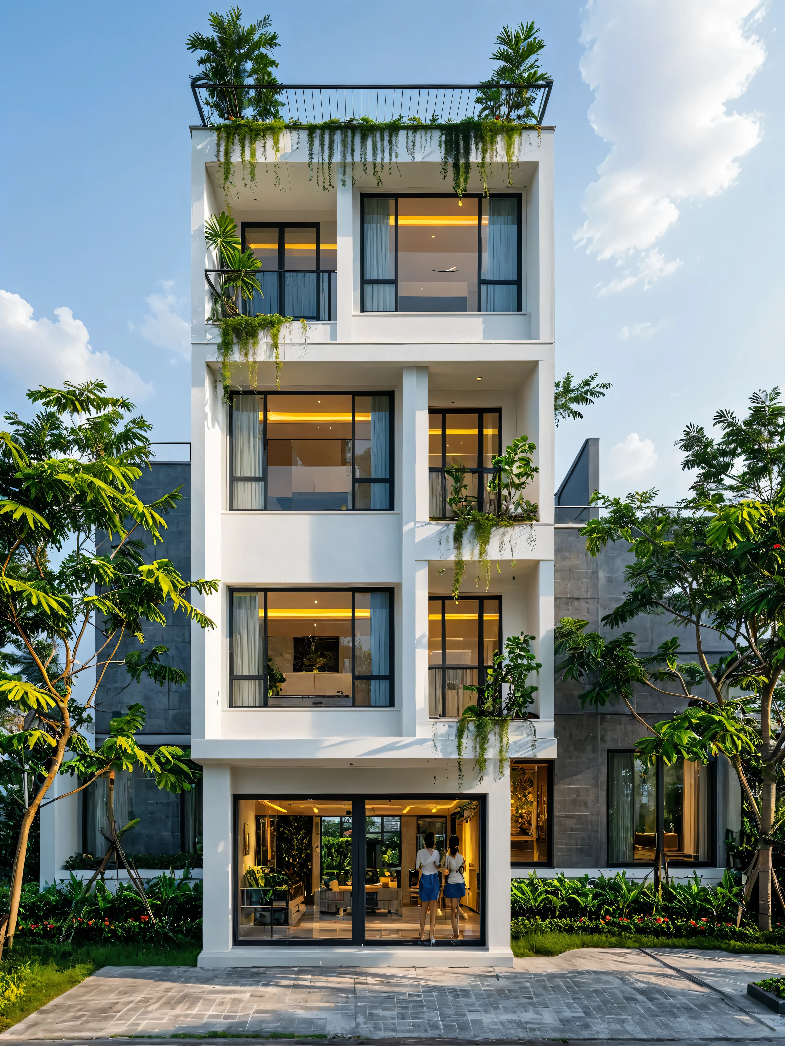 neo classical villa on street, tropical tree, vivid colour, streetcapes, black detail, white wall, large glass door, warm interior lighting, best quality,