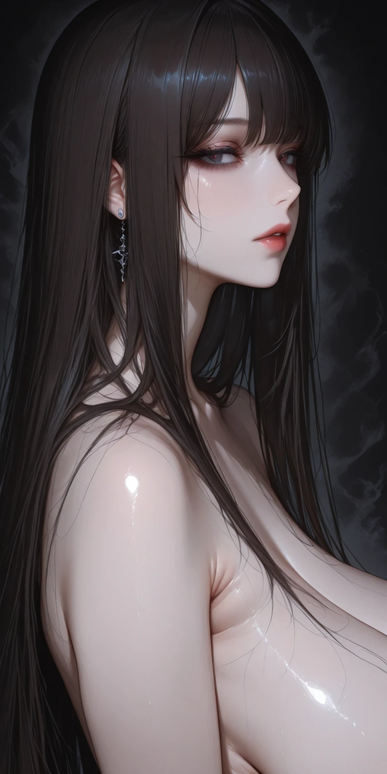 1 beautiful woman, 20 years old, shiny black hair, pale white skin (realistic skin details, realistic skin), bright blue eyes (very detailed and vivid eyes), red lips, makeup, necklace, earrings, choker, accessories, perfect body , perfectly round butt, naked, looking at viewer, sexy pose, (perfect hands), (hands with 5 fingers), (masterpiece), (Photorealistic), (8K), (realistic lighting),